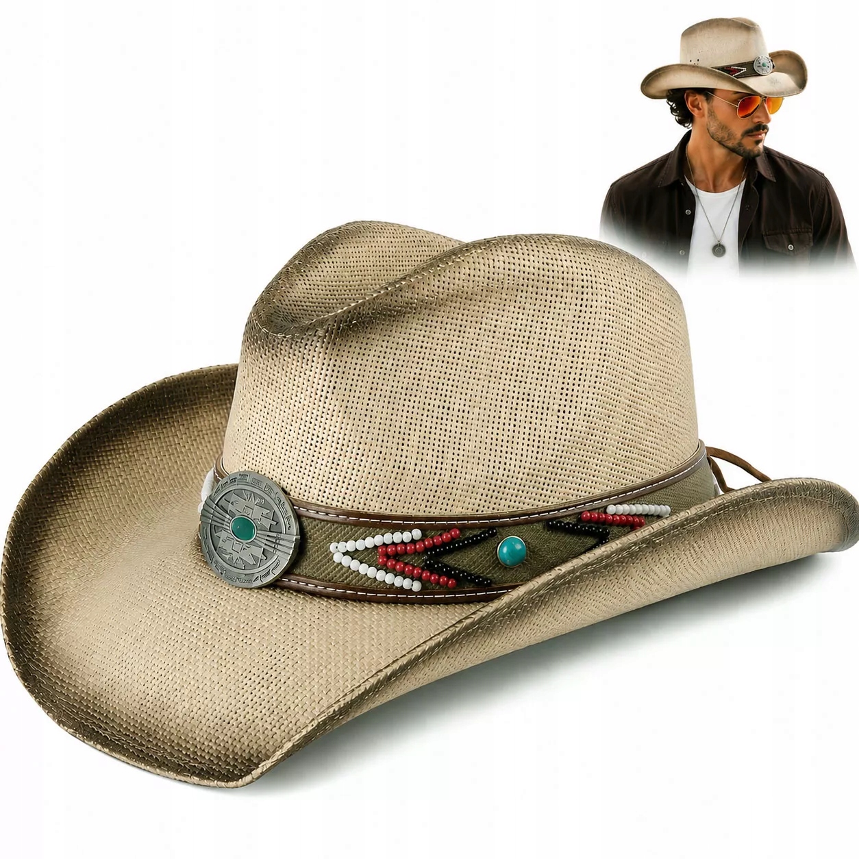 Pánský kovbojský klobouk R253B Pilotní brýle Sada Western Texas Ecru
