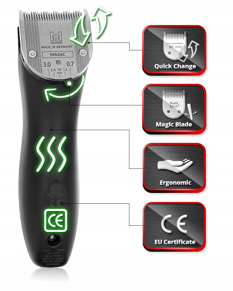 MASZYNKA DO WŁOSÓW BRODY MOSER NEO 1886 CORDLESS PRO MagicBlade + NASADKI Model Neo