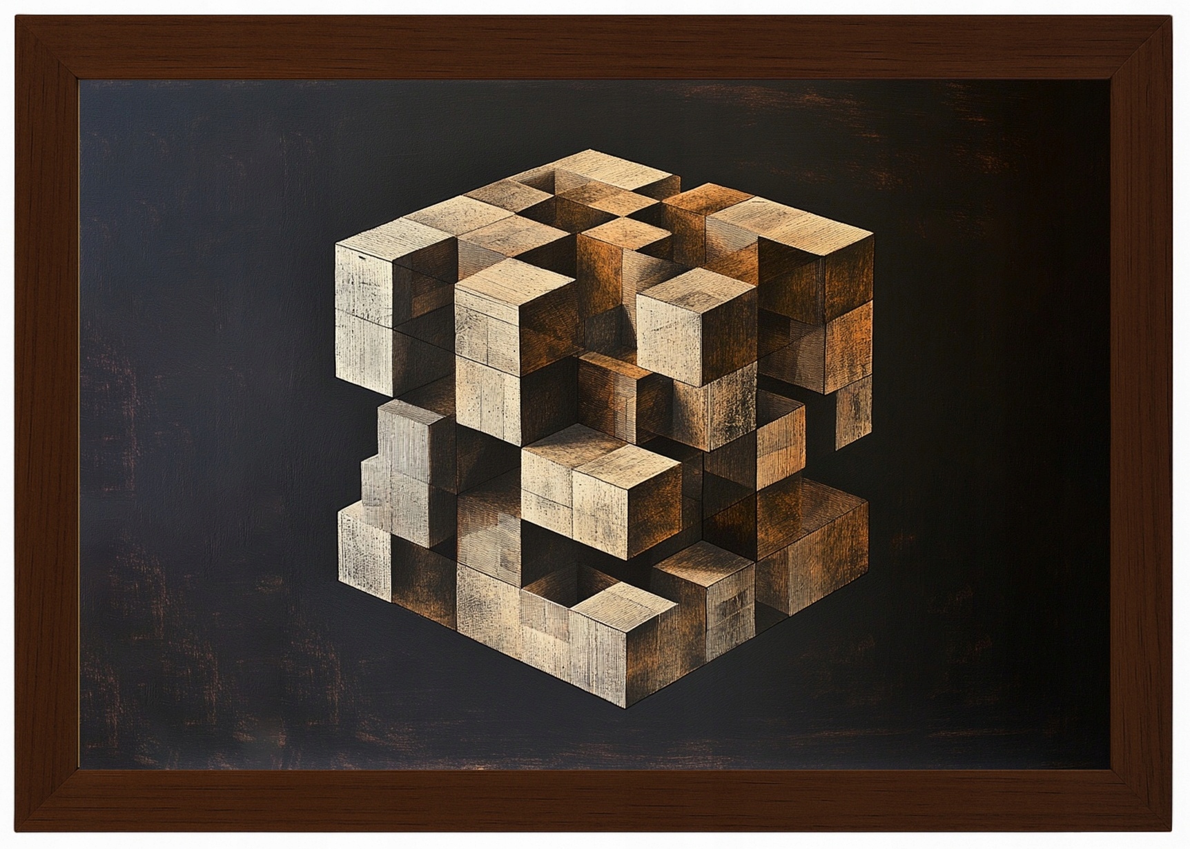 Rámeček Plakát , Dřevěný, Abstrakční, Kostka Puzzle , 3D Iluze, 60x40
