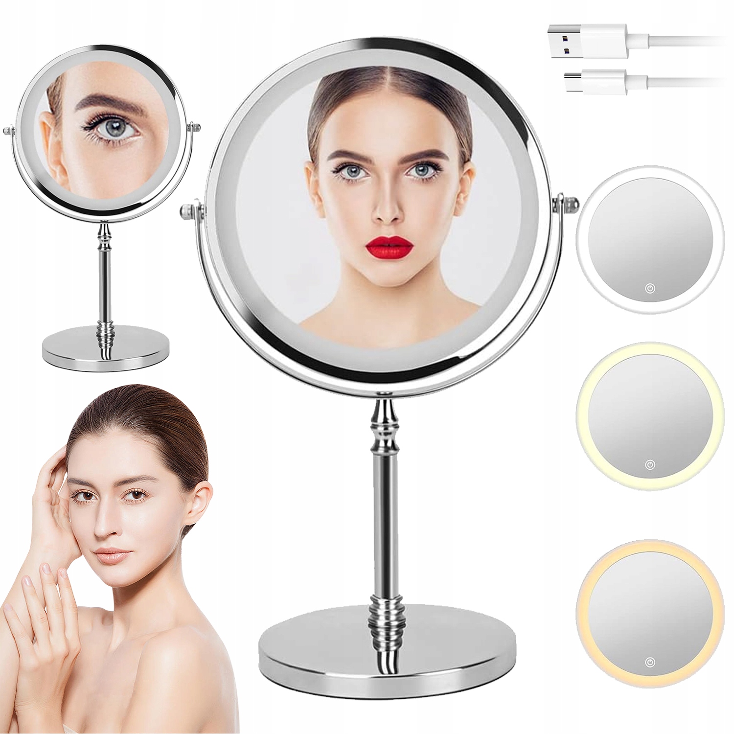 Zrcadlo Na Líčení S Osvětlením 3 Barvy Světla Oboustranné Otočné O 360°