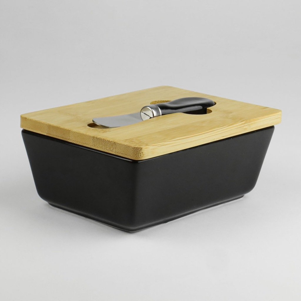 MASELNICA PORCELANOWA CZARNA +NOŻYK POJEMNIK NA MASŁO Z BAMBUSOWĄ POKRYWKĄ Marka Prima Deco