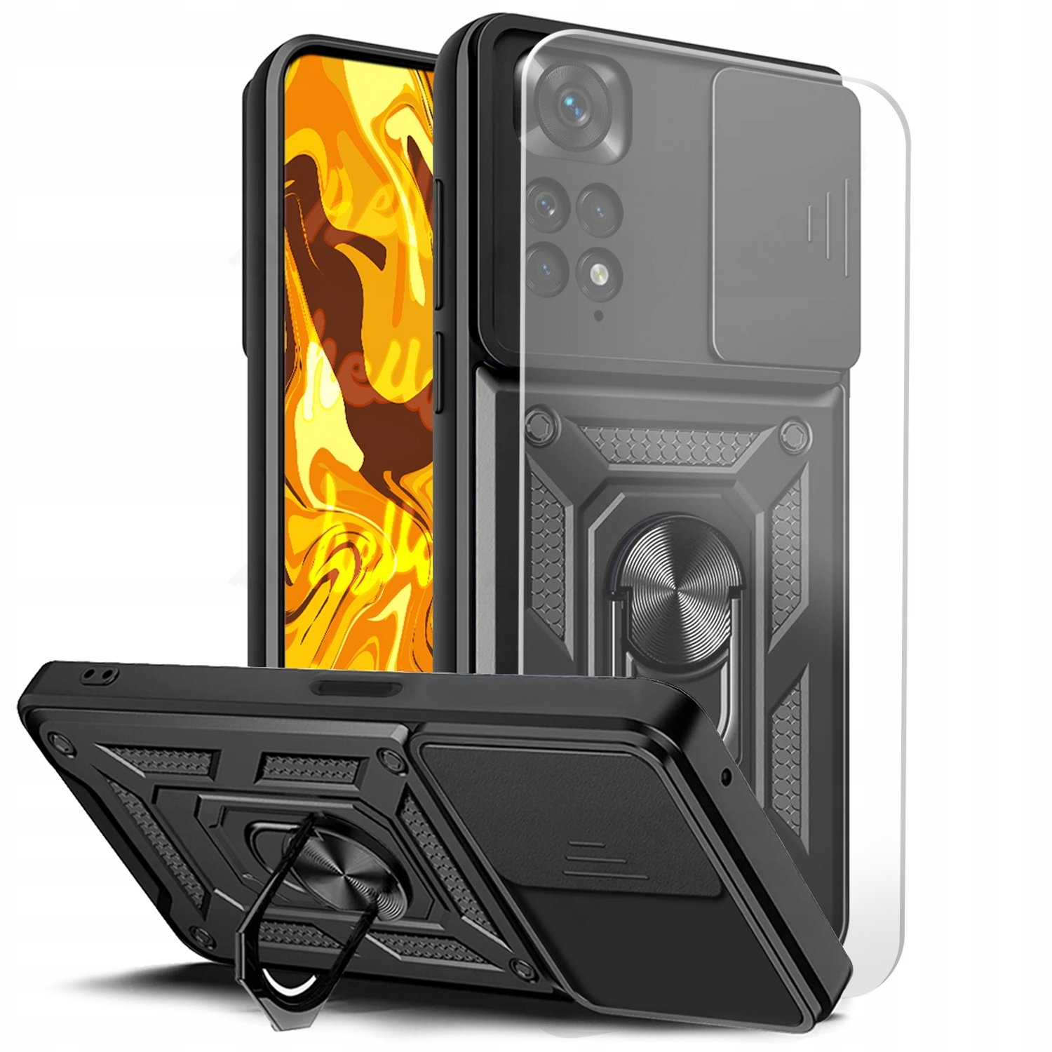 Etui Pancerne Do Xiaomi Redmi Note 11 4G Czarne Obudowa Armor Holder +szkło-Zdjęcie-0
