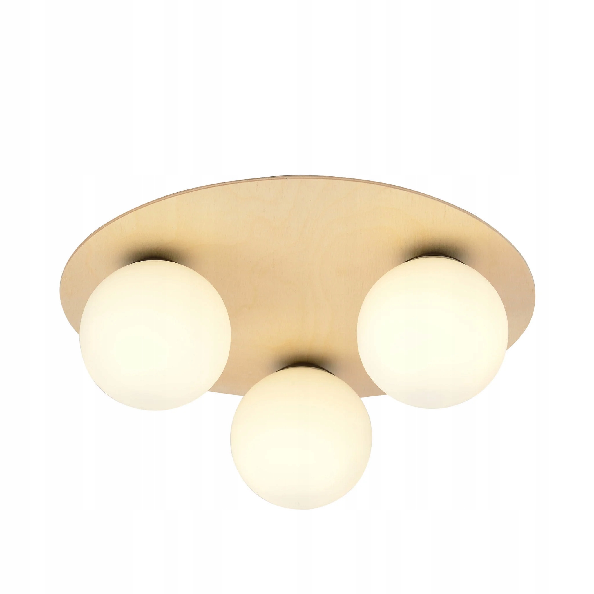 Drevená stropná lampa so sklenenými bielymi guľami okrúhla 3 body Emibig