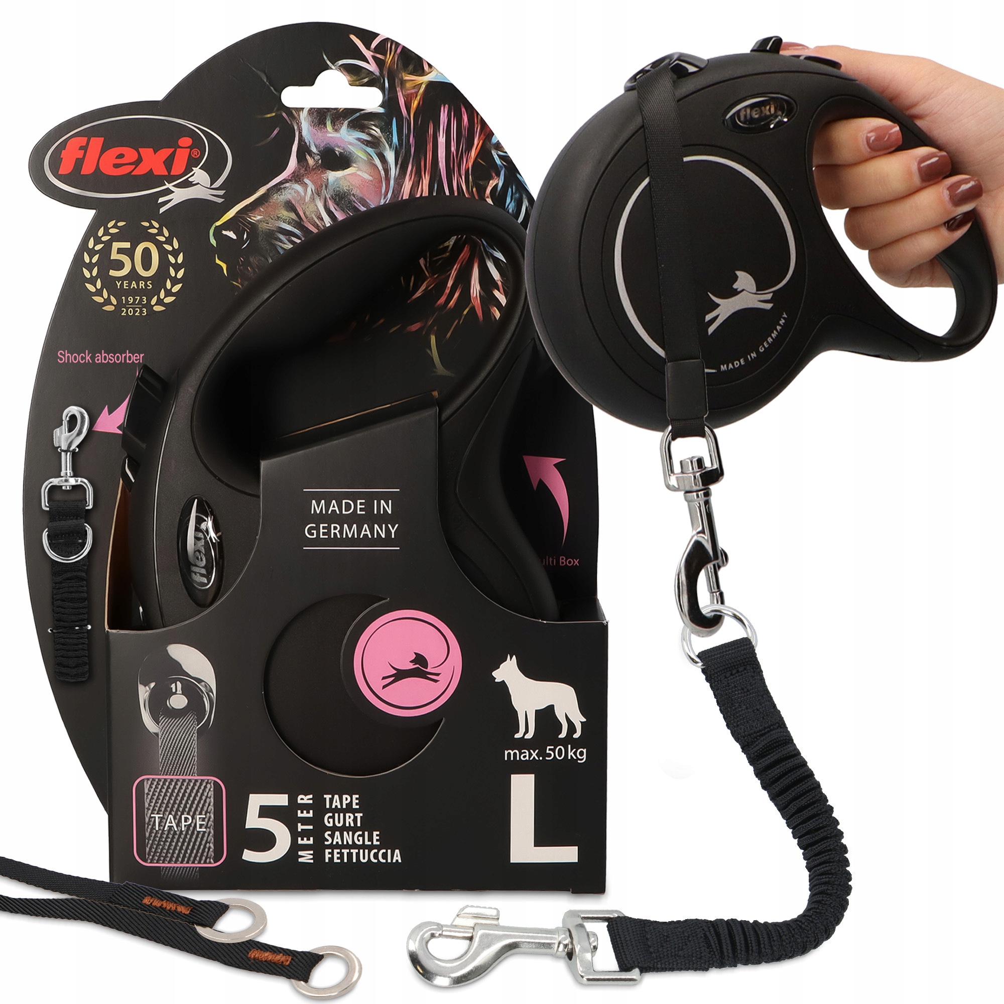 Levně Vodítko Automatické Psa 5m Páska Flexi 50kg Tlumič 35cm Trénink Silný