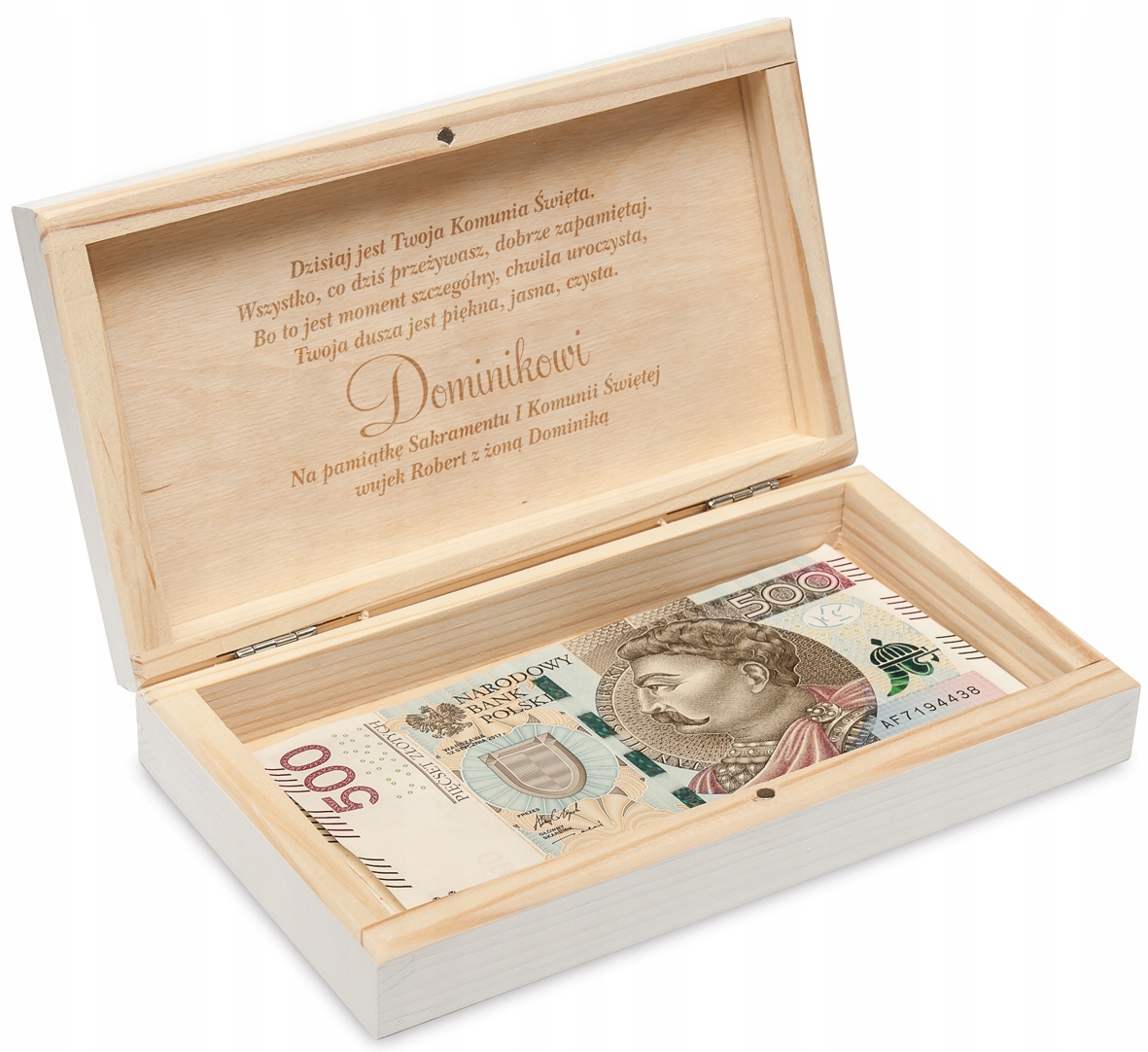 

białe pudełko na Pieniądze I Komunia Św. grawer