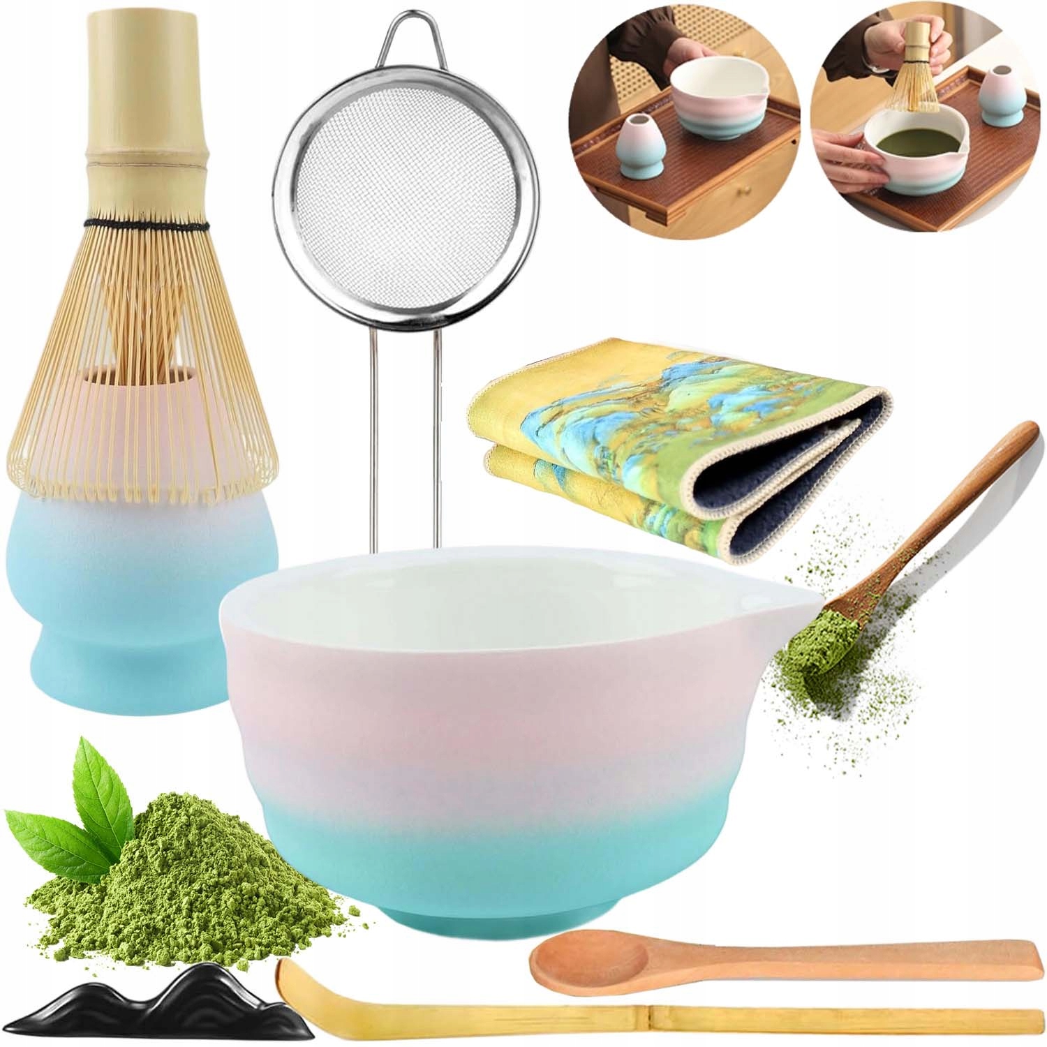 Zestaw Prezentowy Do Herbaty Matcha Czarka Miotełka Podstawka Łyżeczka 8 el
