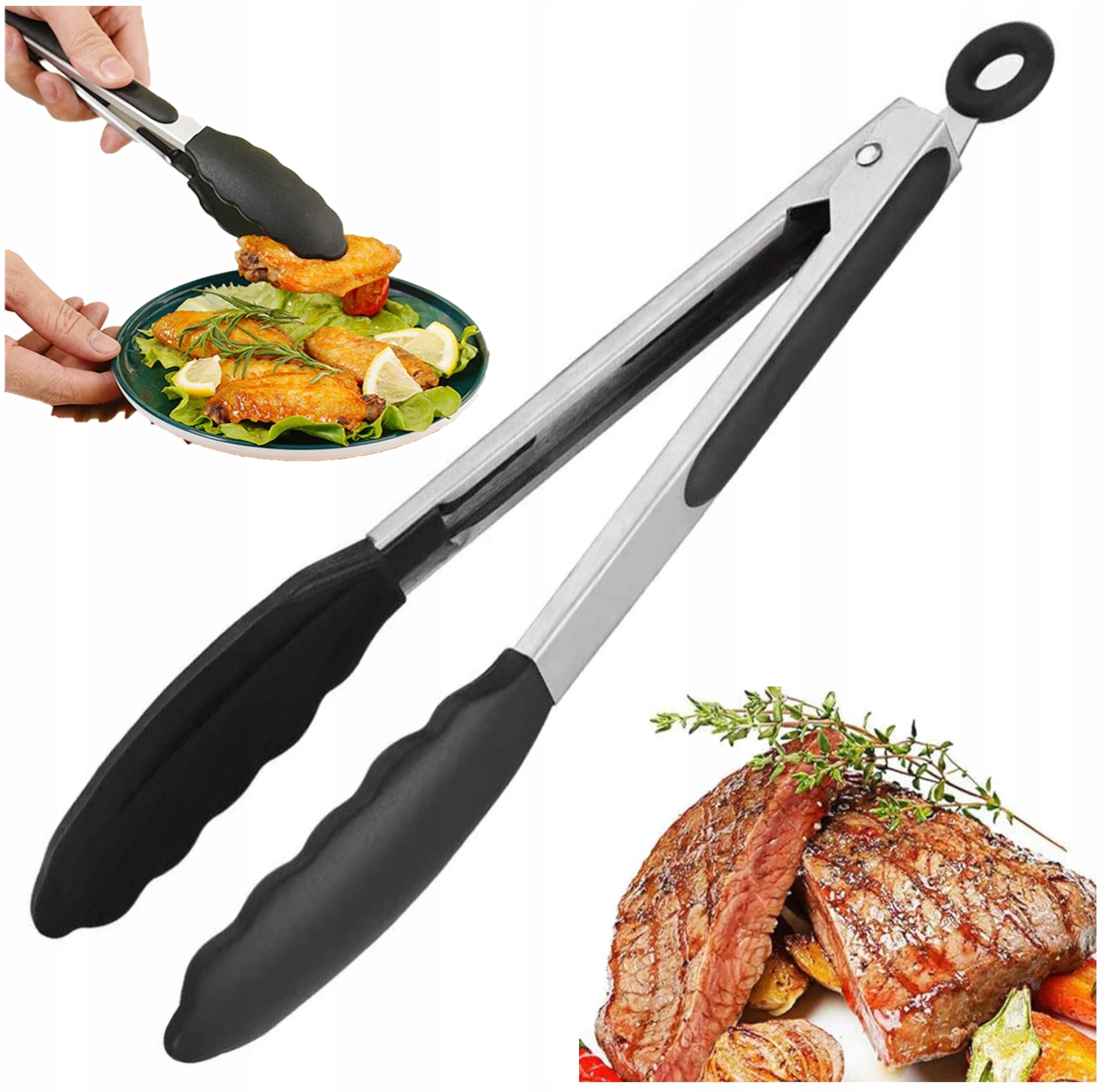 SZCZYPCE KUCHENNE UNIWERSALNE SILIKONOWE STALOWE GRILLA MIĘSA MAKARONY 27cm