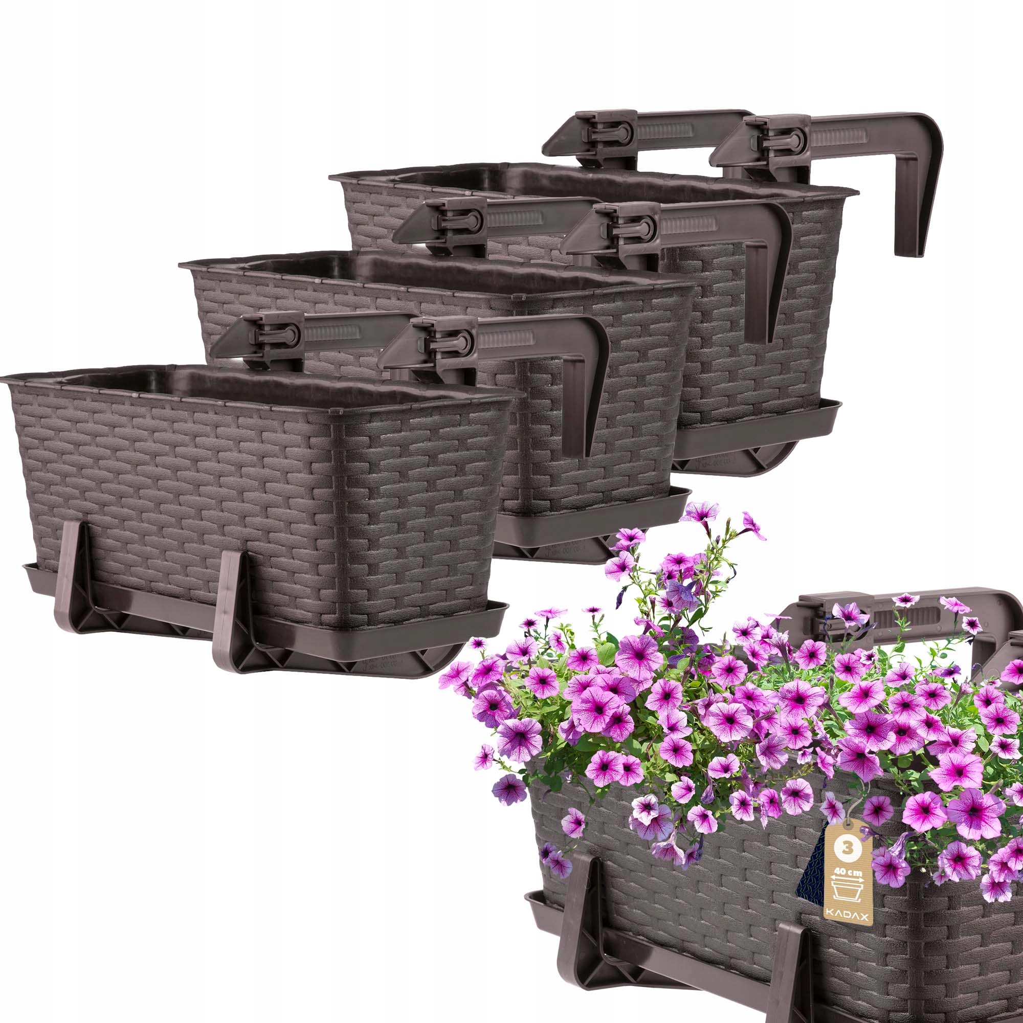 Balkonový Truhlík 40 cm Květináč Květináč Podstavec Úchytky 3 ks