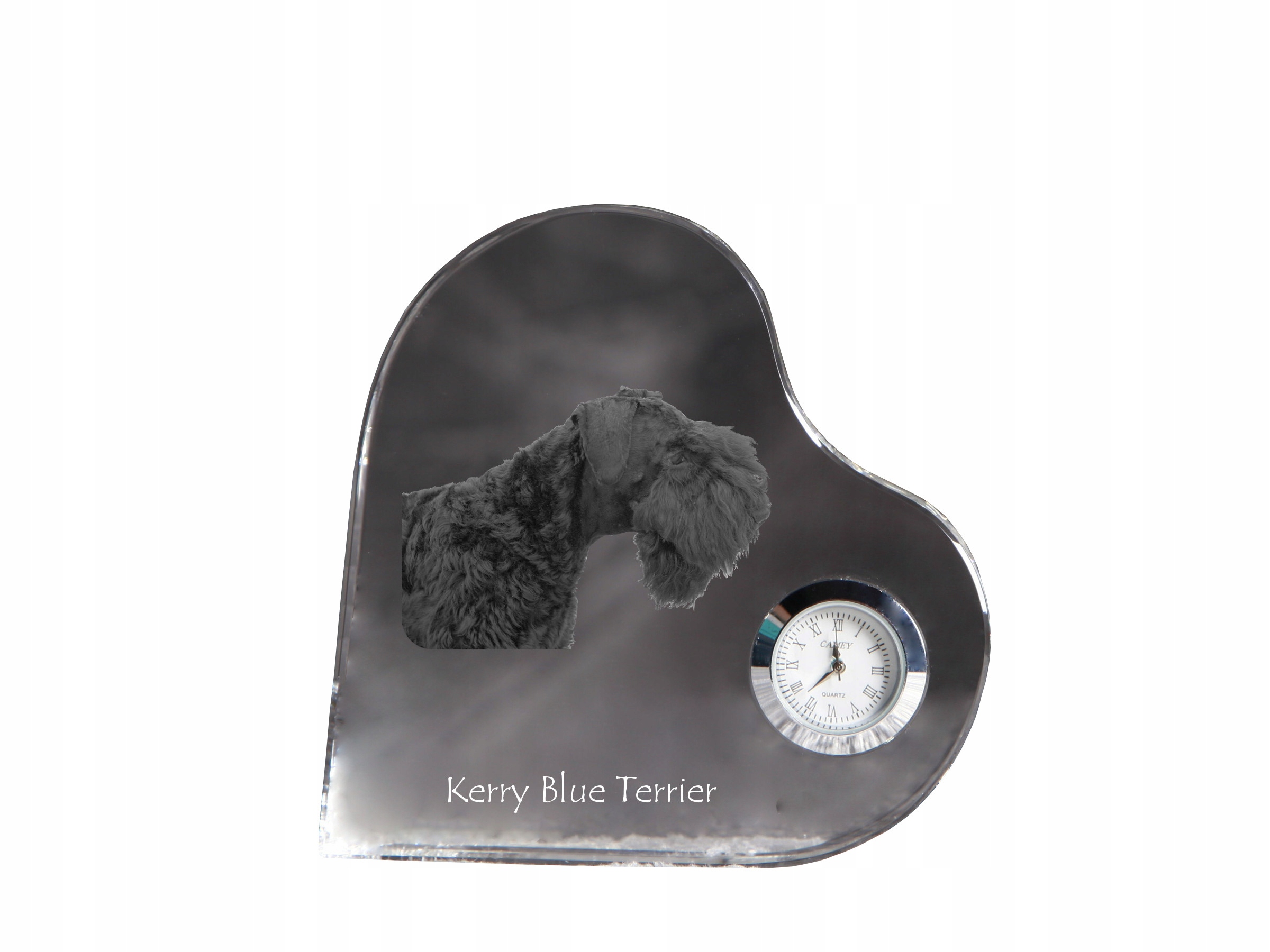Kerry Blue Terrier – krištáľový hodinový strojček v tvare srdca s vašou fotografiou
