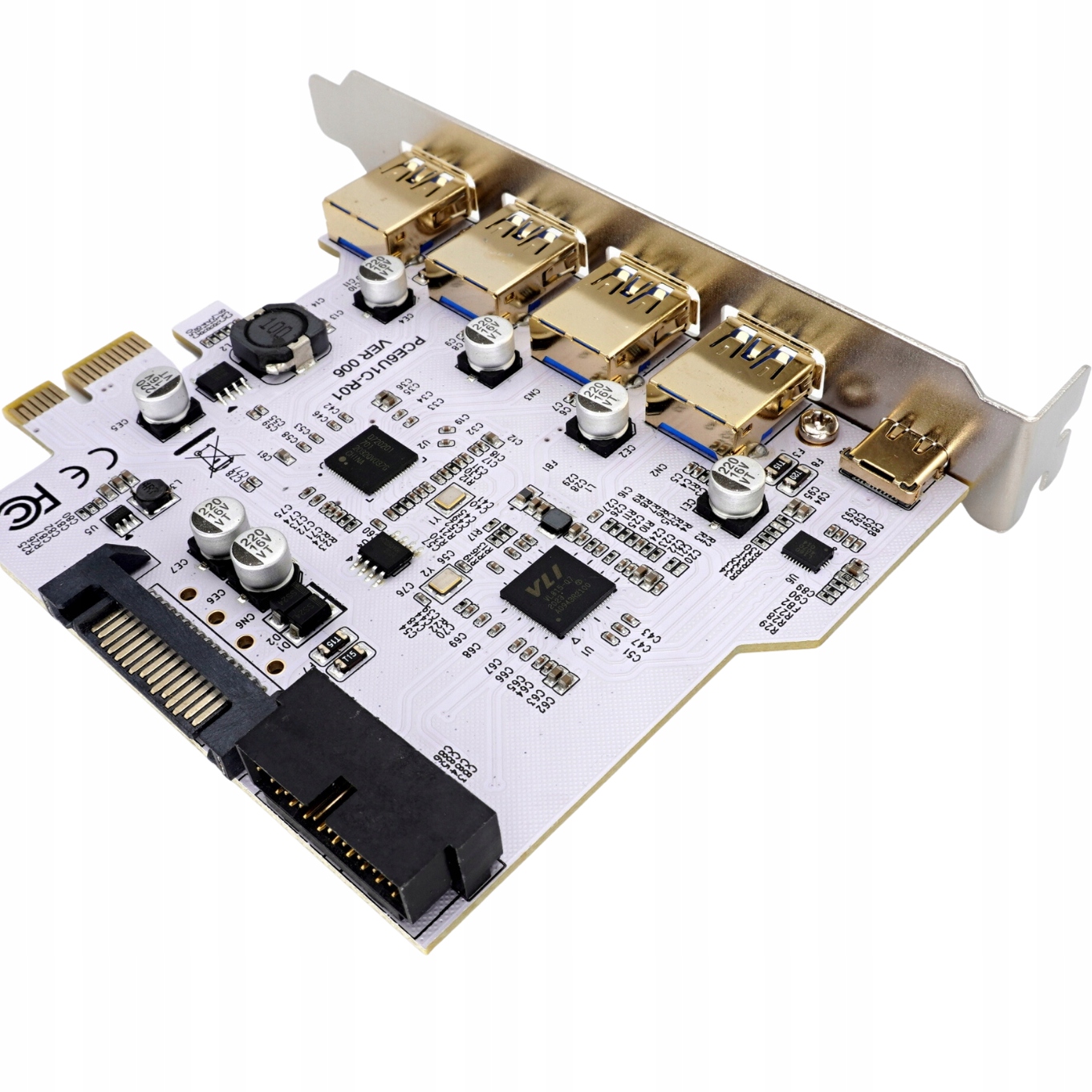 Karta adapter do komputera PCI PCIe 1X na 4x USB A 1x USB C 3.1 Gen1 biała Model PCE6U1C