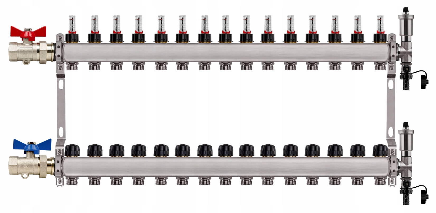Rozdělovač Pro Podlahovku 15 Nerezových Okruhů Jednoduchý Poniklovaný Ventil