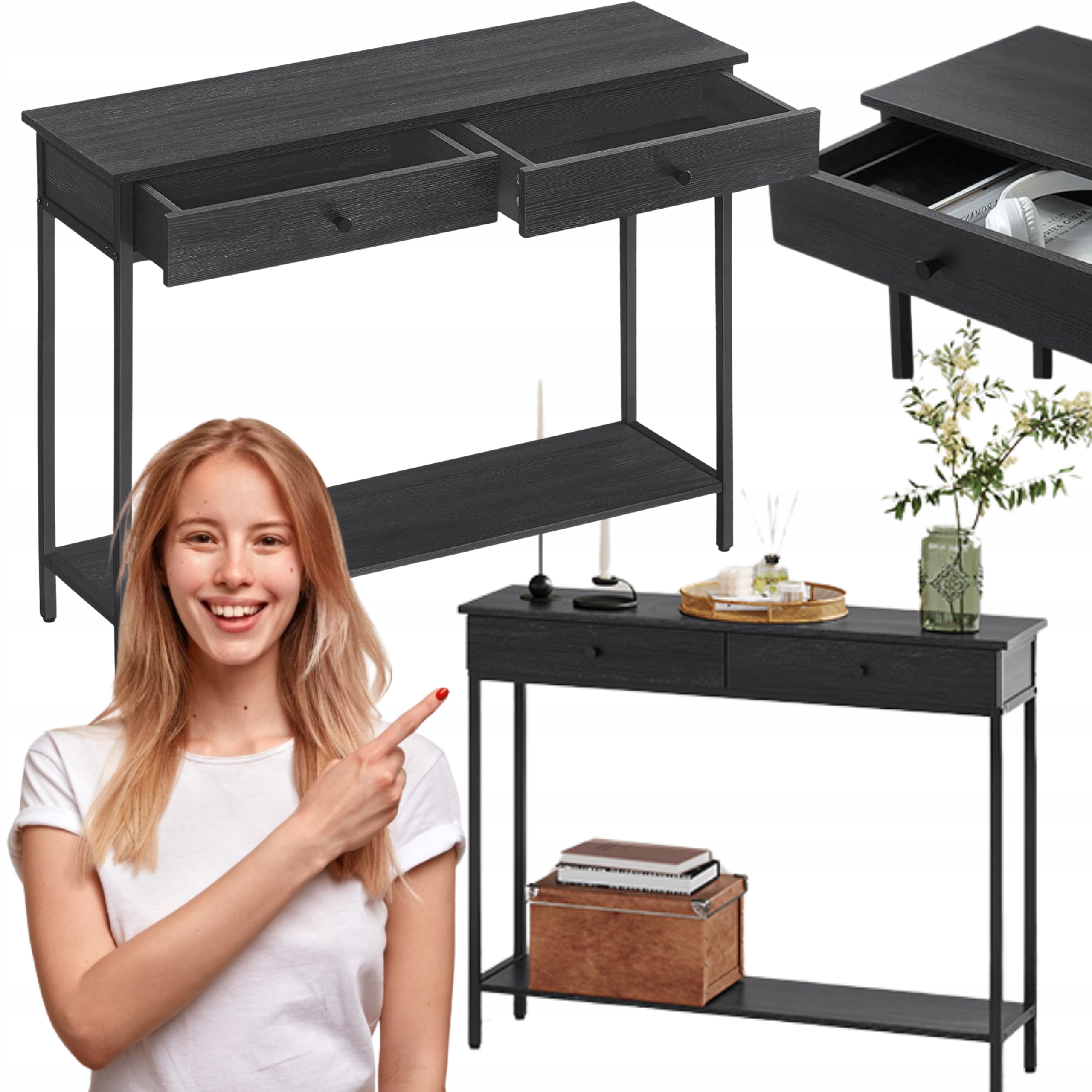 Konzola Úzky Konzolový stolík do predsiene s zásuvkami 2 úrovne Loft