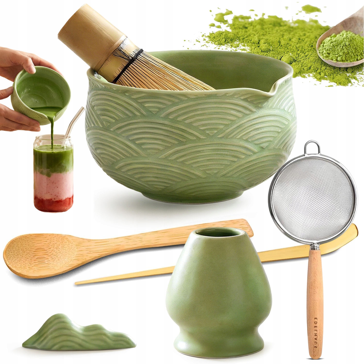 Zestaw Prezentowy Do Herbaty Matcha 7-CZĘŚCIOWY Zestaw Podstawka Łyżeczka