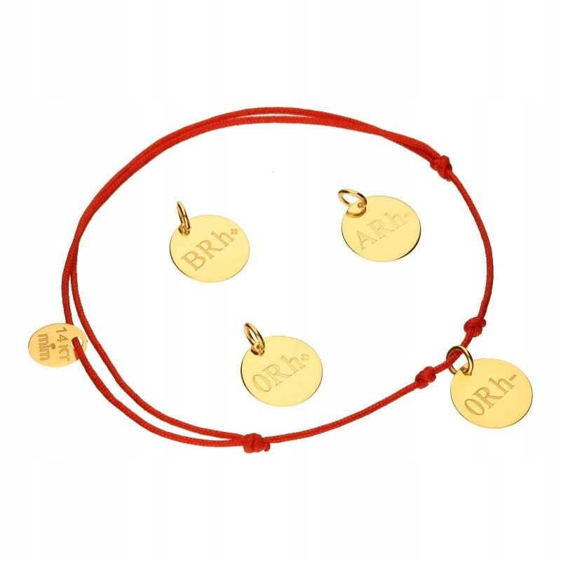 Zlatý provázkový náramek 585 červený s plechovým kroužkem, krevní skupina 14KT