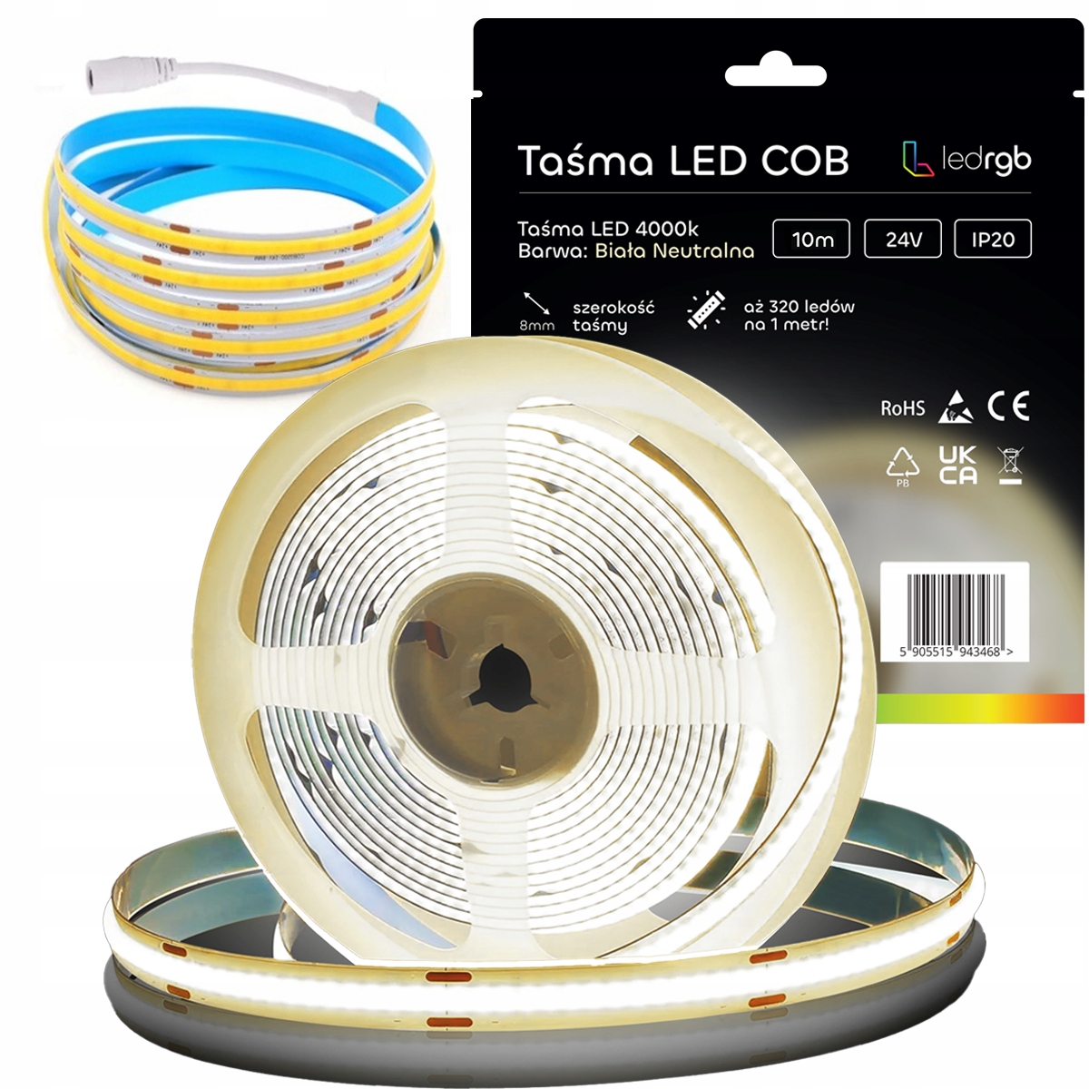 Led pásek Cob 24V 10M rolka 320 LED/m Neon 4000K neutrální bílá silná 8 mm