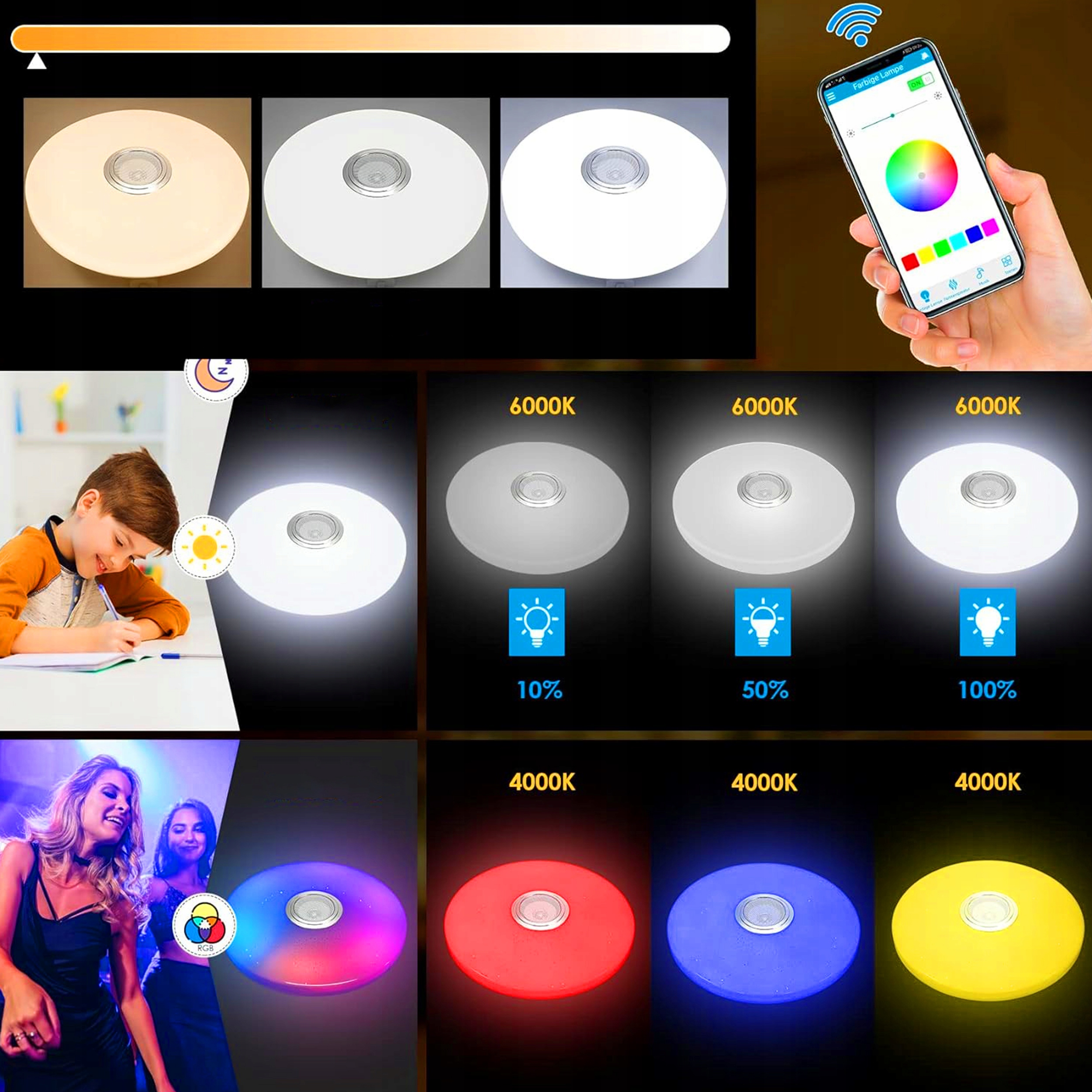 PLAFON LED LAMPA RGB SUFITOWA GŁOŚNIK BLUETOOTH PILOT APLIKACJA BARW CCT Zasilanie sieciowe