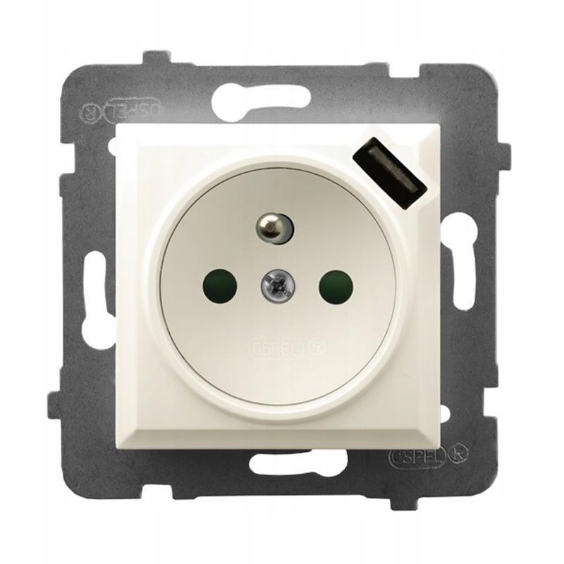 Ospel Aria ecru – jednozásuvka (+0) se clonami a nabíječkou GP-1UZP