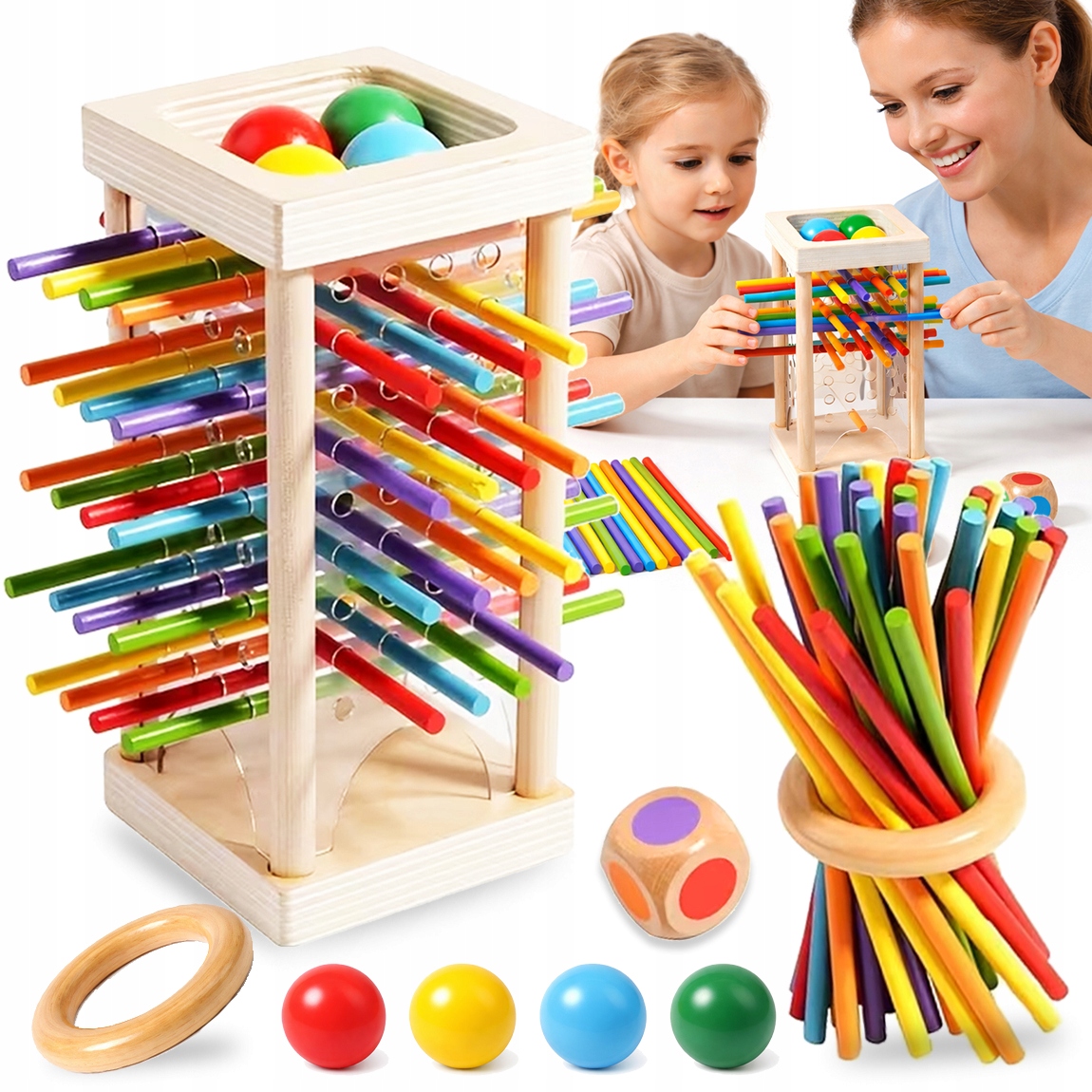 PATYCZKOWA PIRAMIDA SPADAJĄCE KULKI BIERKI GRA ZRĘCZNOŚCIOWA DREWNIANA 2W1