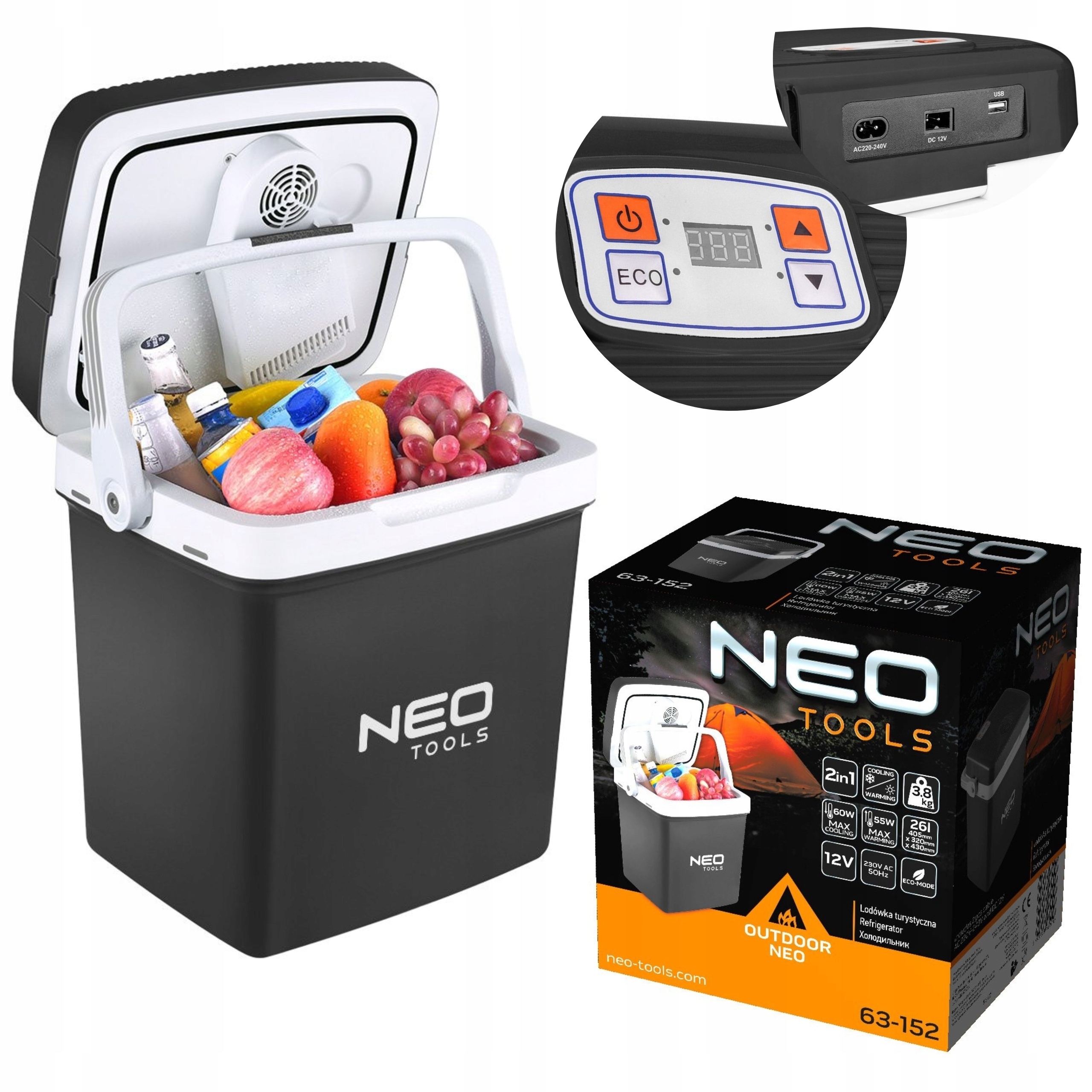 NEO LODÓWKA PODRÓŻNA TURYSTYCZNA SAMOCHODOWA USB LCD 26L 12/230V 63-152 EAN (GTIN) 5907558469516