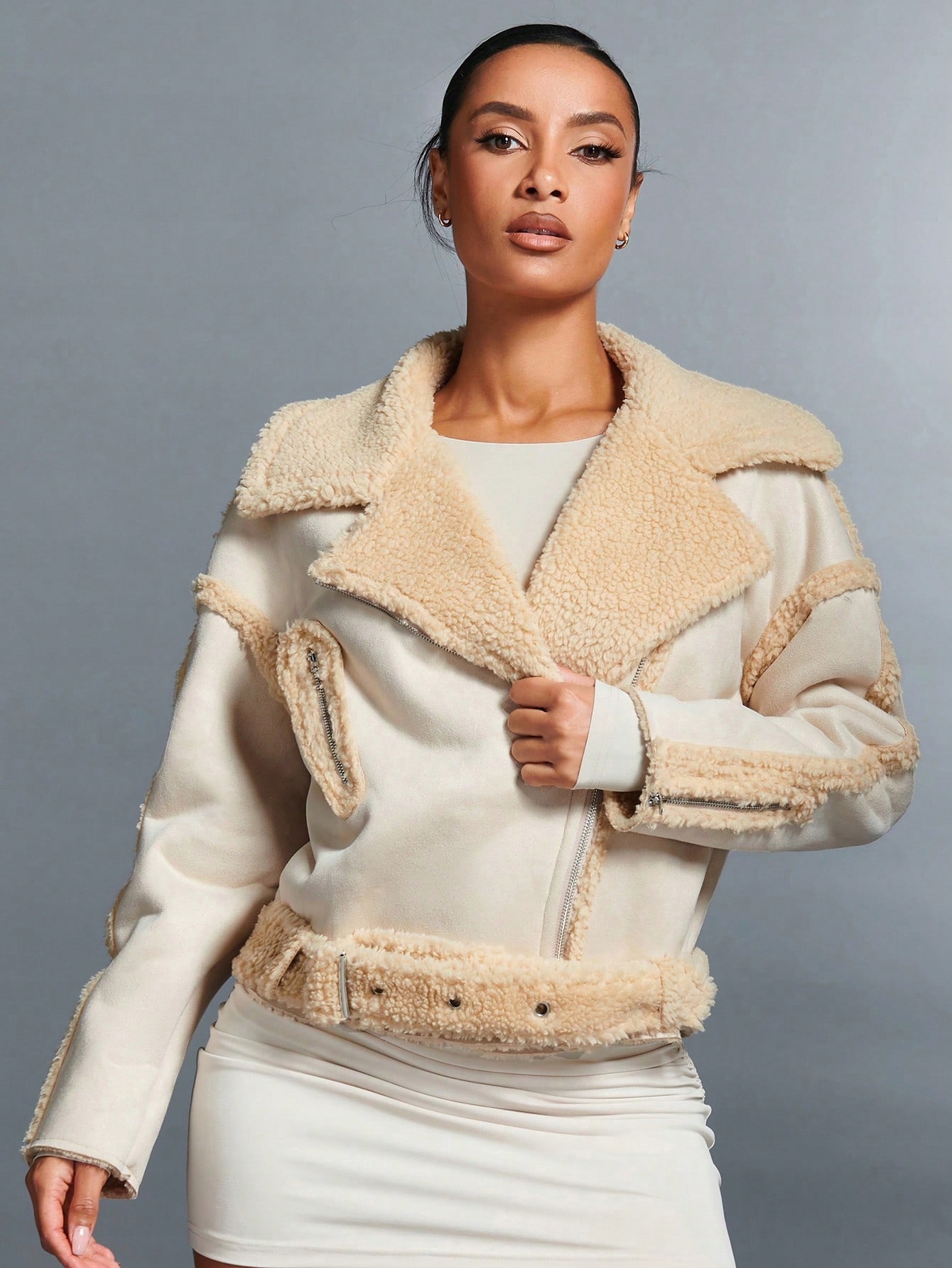 Zimní Bunda Semišová Kožíšek Béžová Casual Shein Xs 34