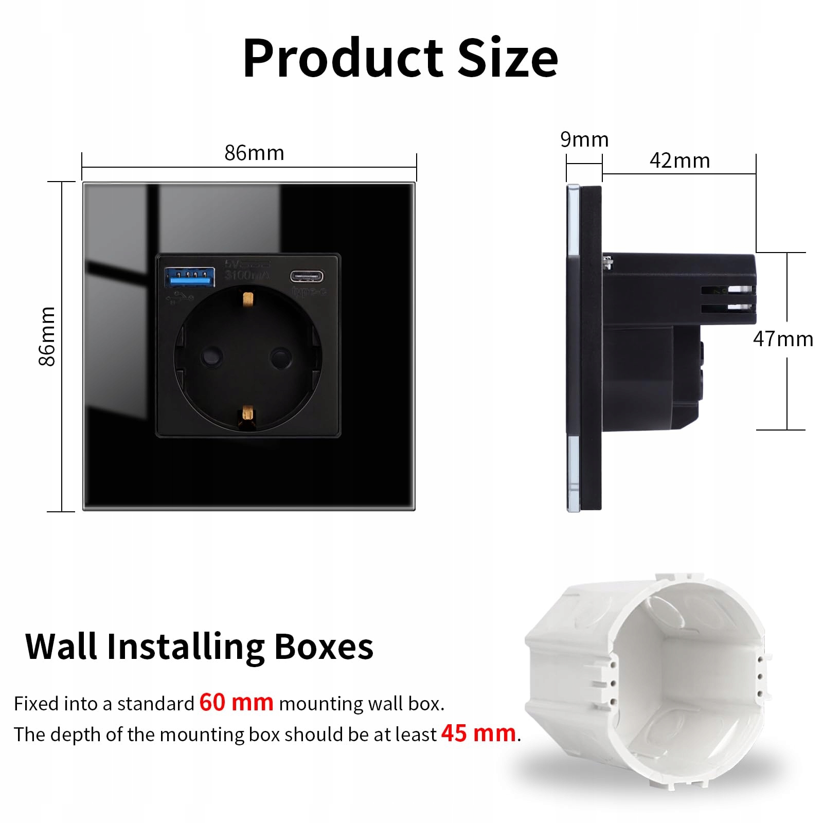 JIMEIDA Gniazdko Szklane USB Czarne Szybkie Ładowanie 20W 16A 250V 86x86mm — miniatura 2