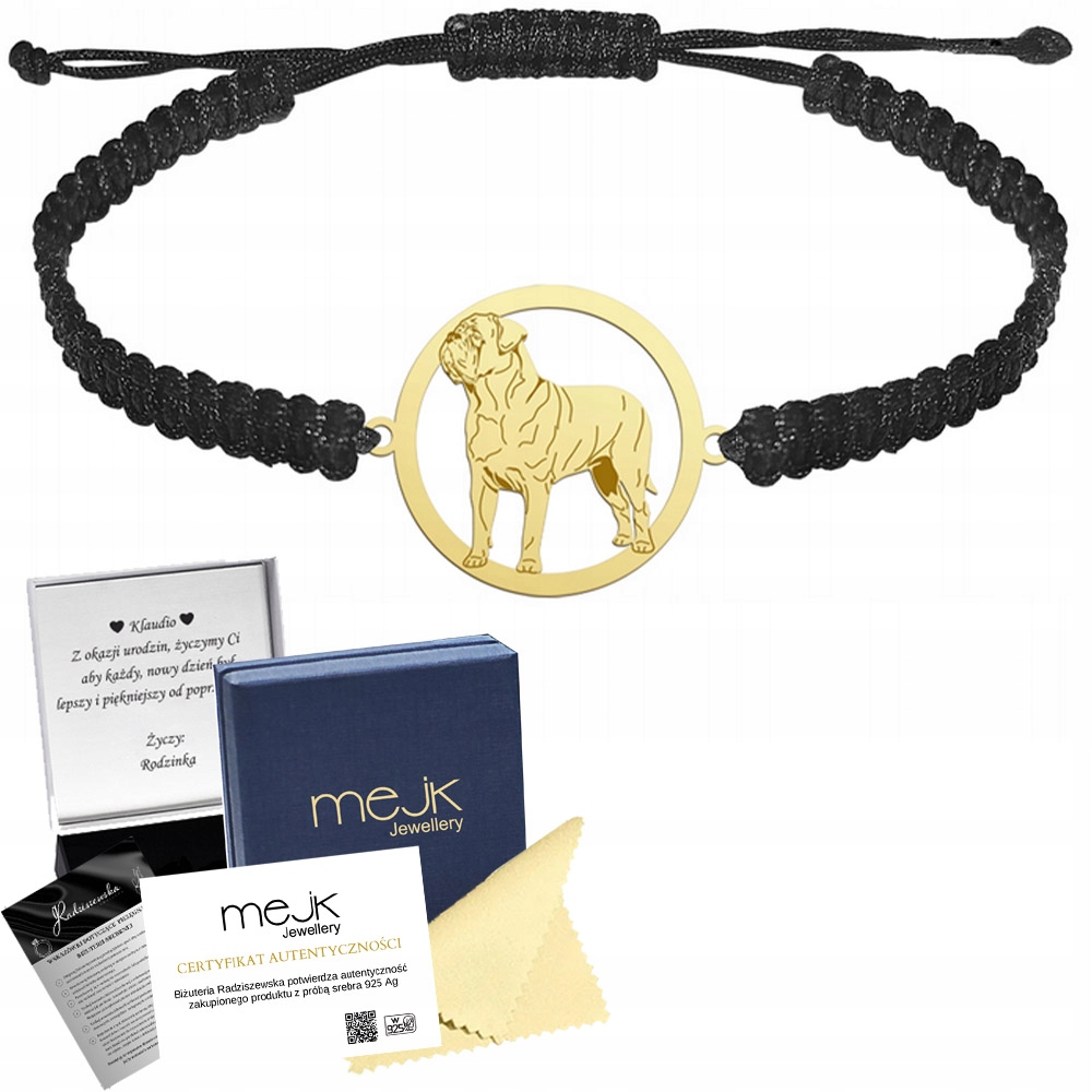 Zlatý náramek s psem Dog de Bordeaux 925 Makramé Žena Gravírování Bonus