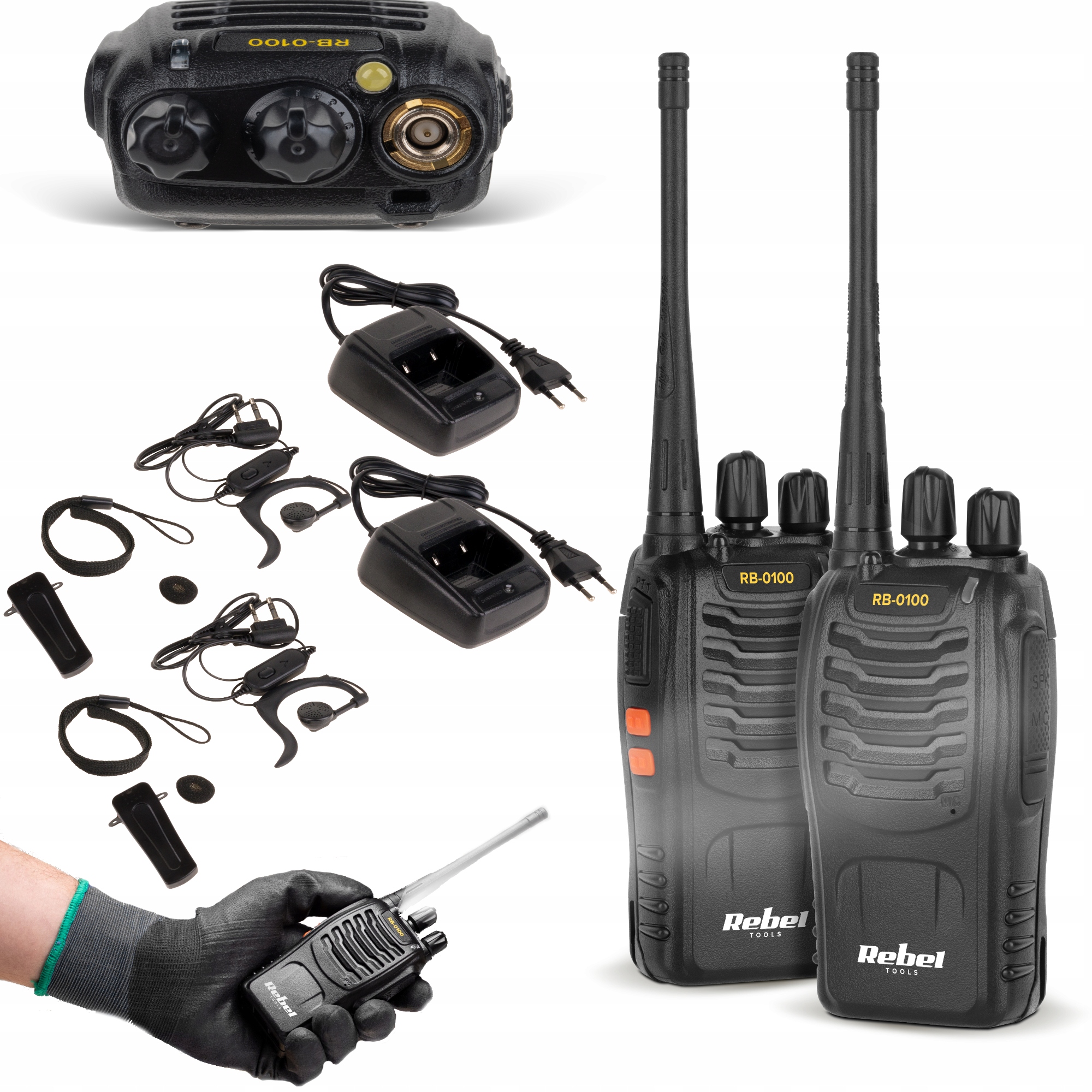 Krótkofalówka radiotelefon walkie talkie 2 sztuki Pmr latarka zestaw Rebel