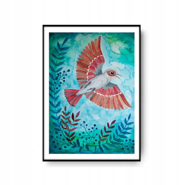 Plakat Ptak Niebo Kwiat Ilustracja Obraz 50x70cm Wysokość produktu 70 cm