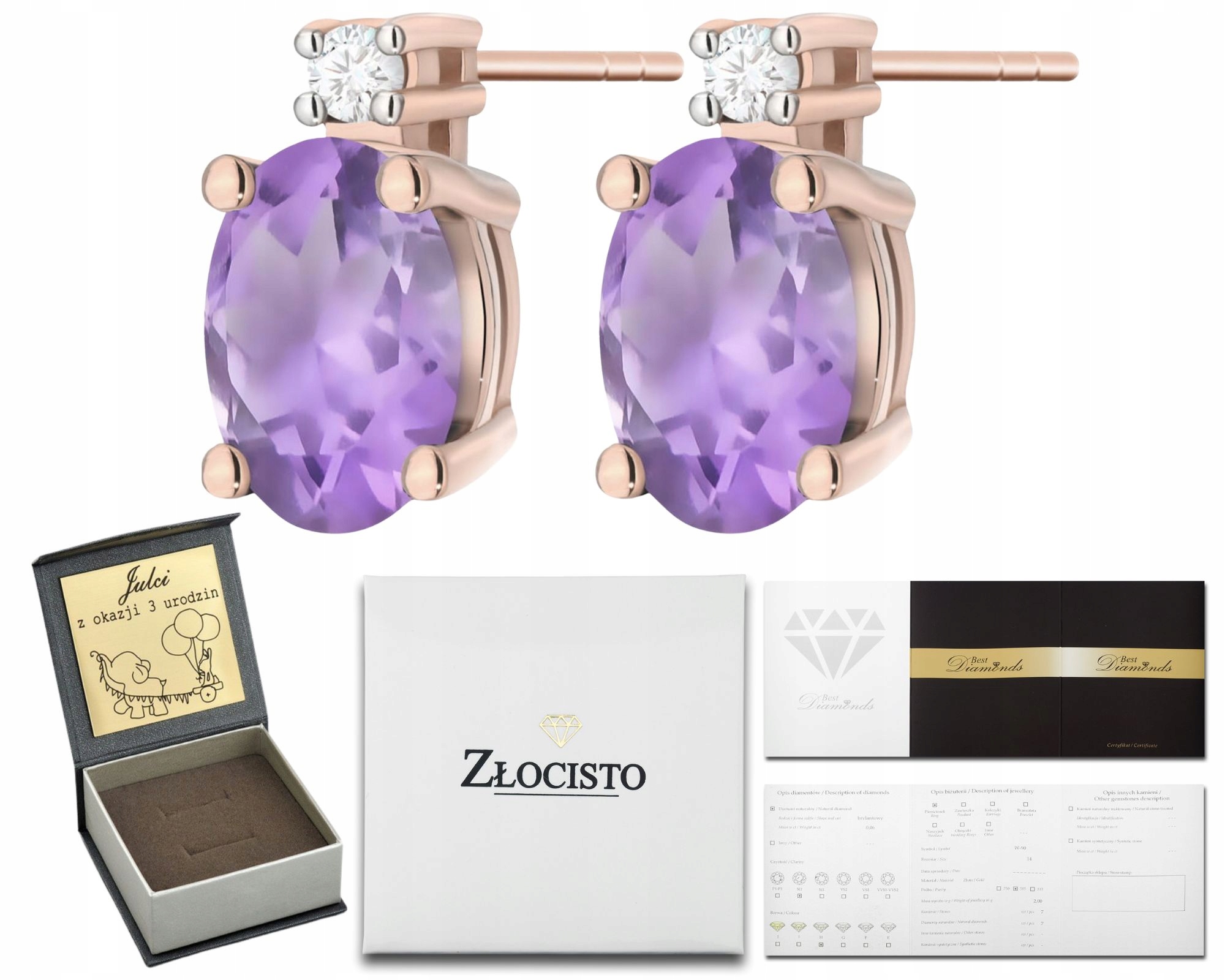 Růžové Zlato Náušnice S Ametystem A Brilianty, Zlatá Tyčinka 585