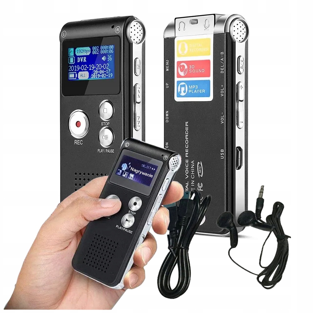 Mini Dyktafon Z Detekcją Głosu 8GB Polskie Menu Łatwa Obsługa Profesjonalny