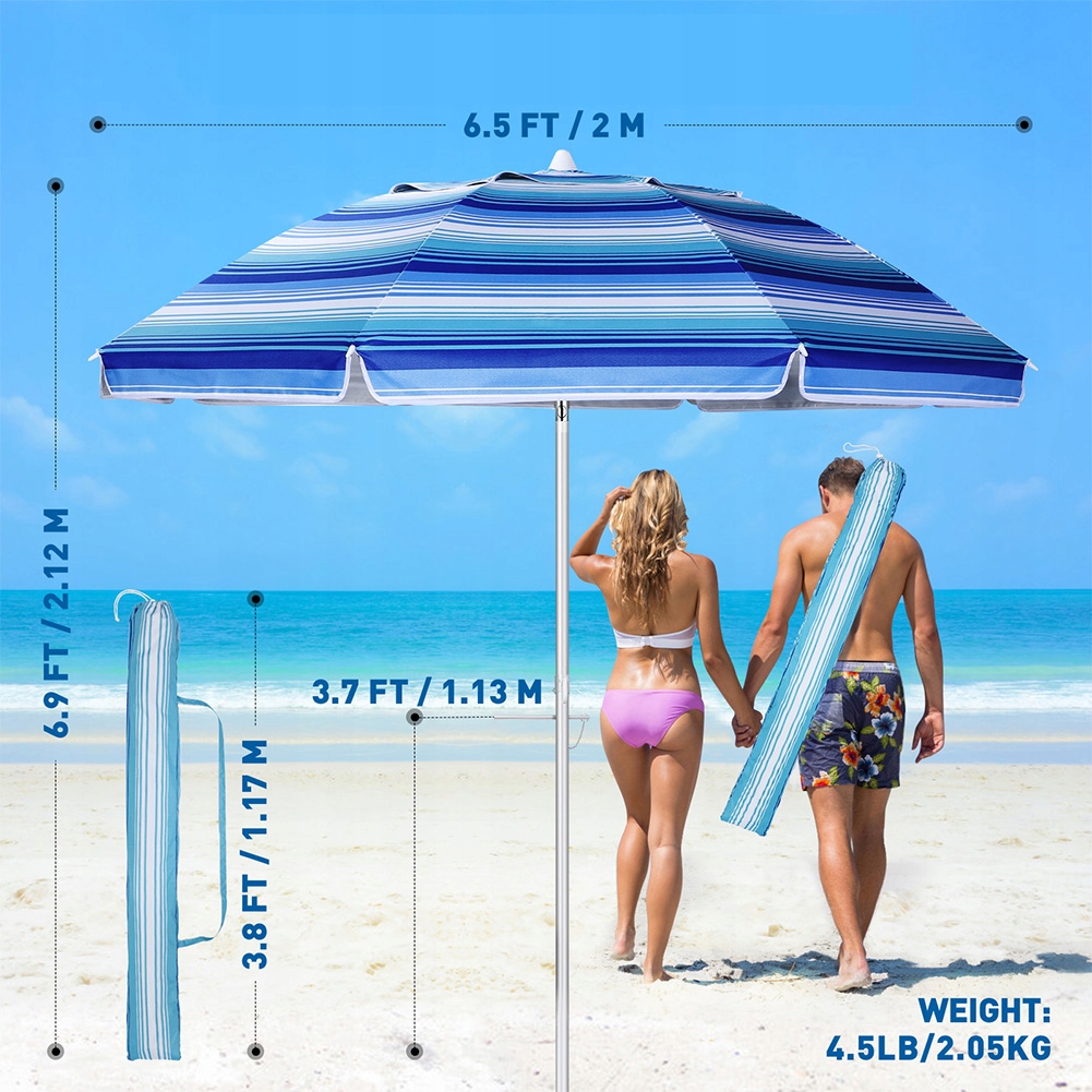 PARASOL PLAŻOWY 6,5FT W PASKI Z OCHRONĄ UV PRZEWIEWNA OSŁONA PRZED SŁOŃCEM Kolor dominujący odcienie niebieskiego
