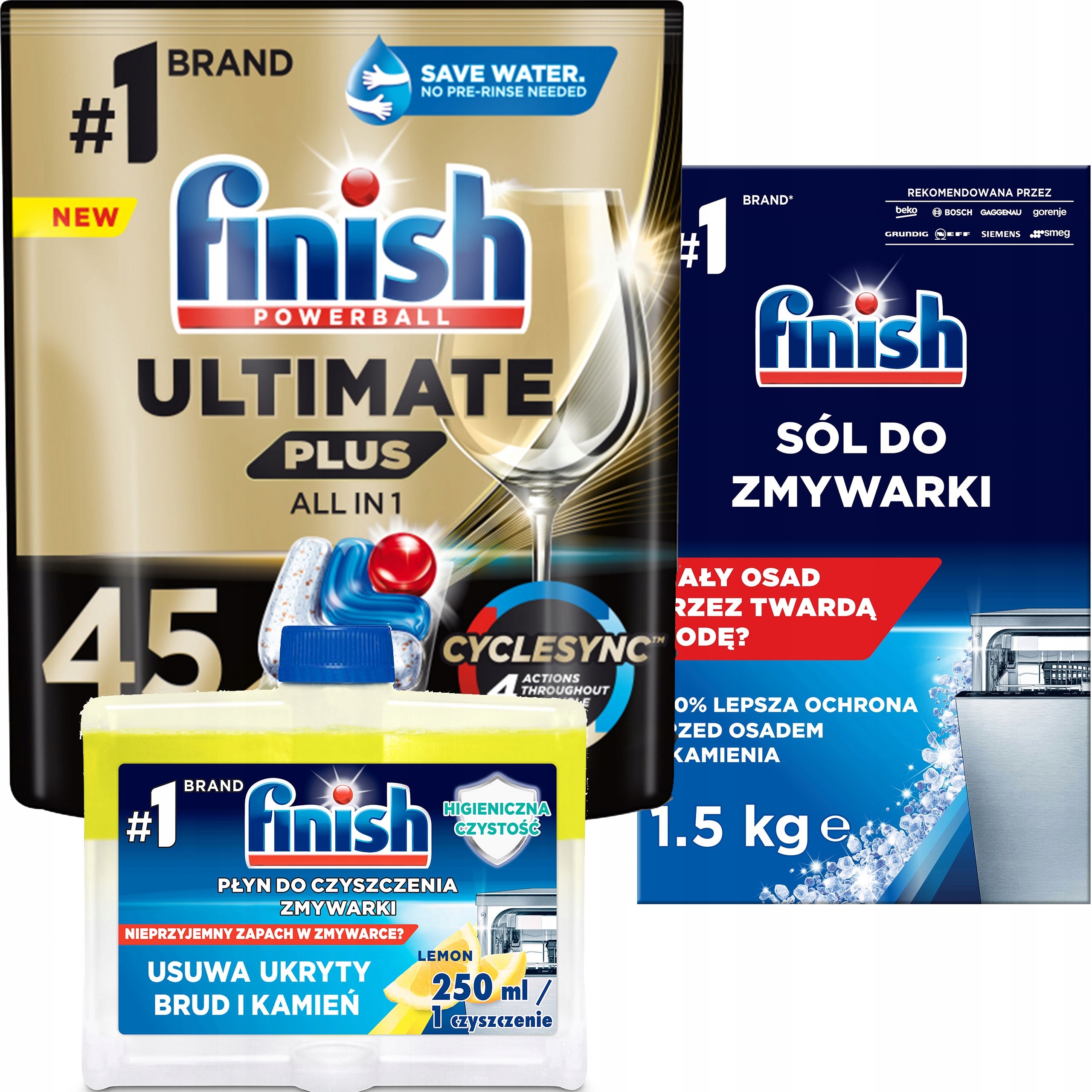 Levně Finish Sada do myčky Kapsle x45, Sůl 1.5kg, Tekutý Čistič Lemon 250ml