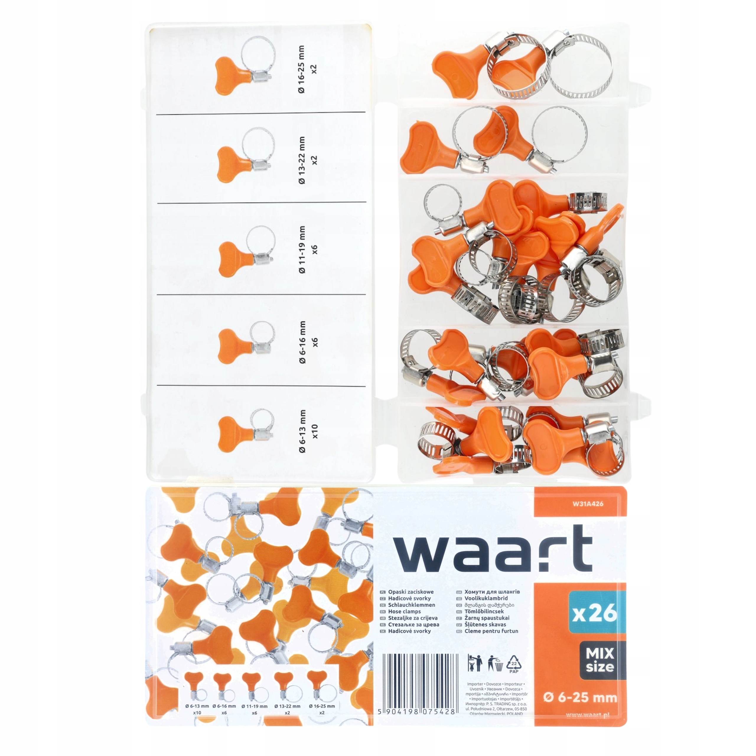 Opaski zaciskowe ślimakowe z motylkiem 6-25mm 26szt do węży przewodów rur