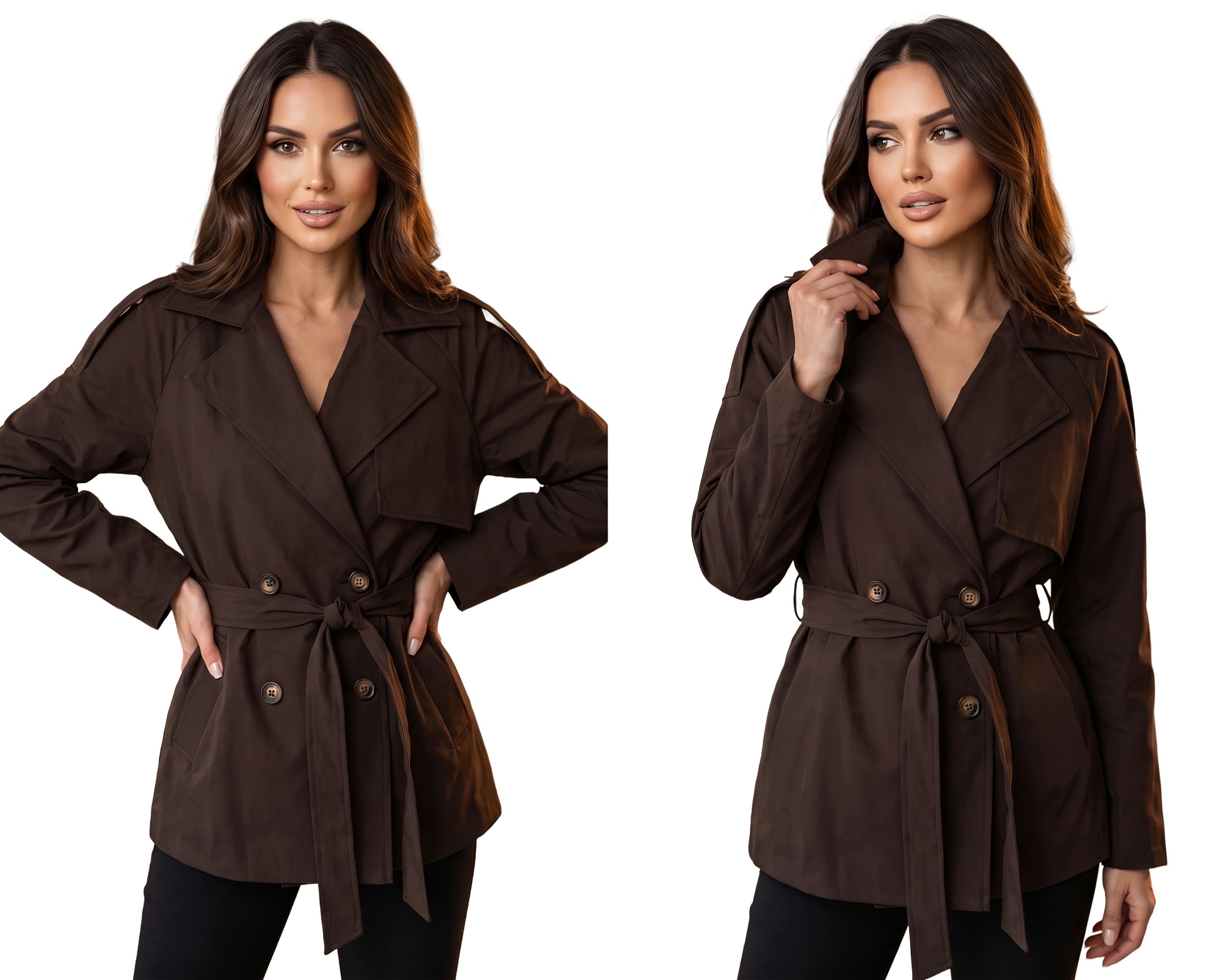 Dámská Bunda Kabátek Krátký Trenčkot Elegantní Modony Premium Hnědá
