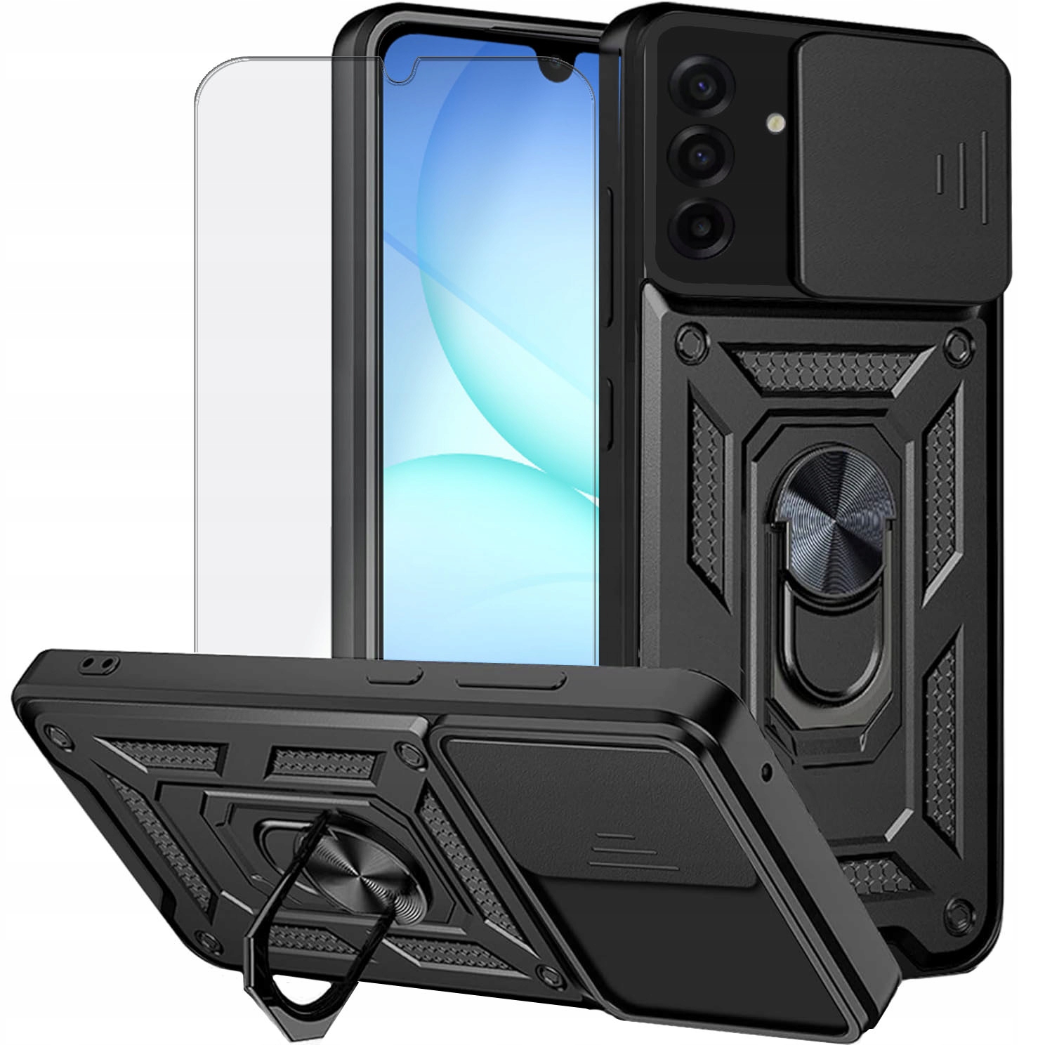 Etui Do Samsung Galaxy A17 Pancerne Czarne Armor Holder Ring +szkło 9H