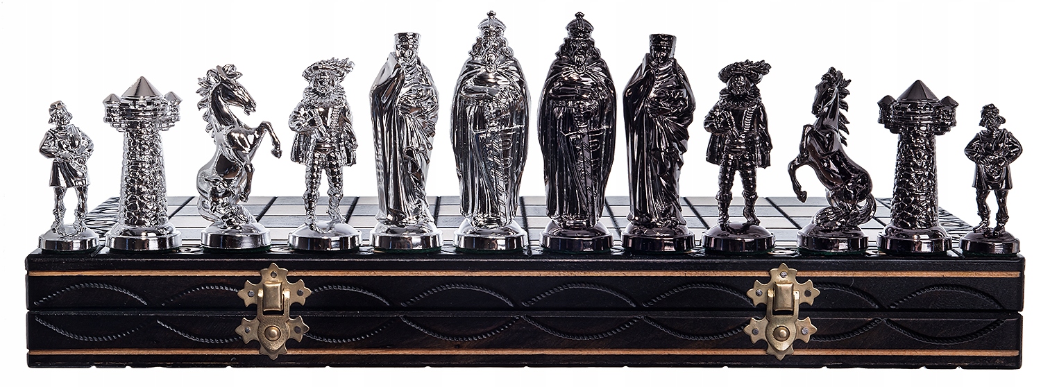 SZACHY ŚREDNIOWIECZNE DREWNIANE SREBRN-CZARNE DUŻE Rodzaj szachy drewniane turniejowe