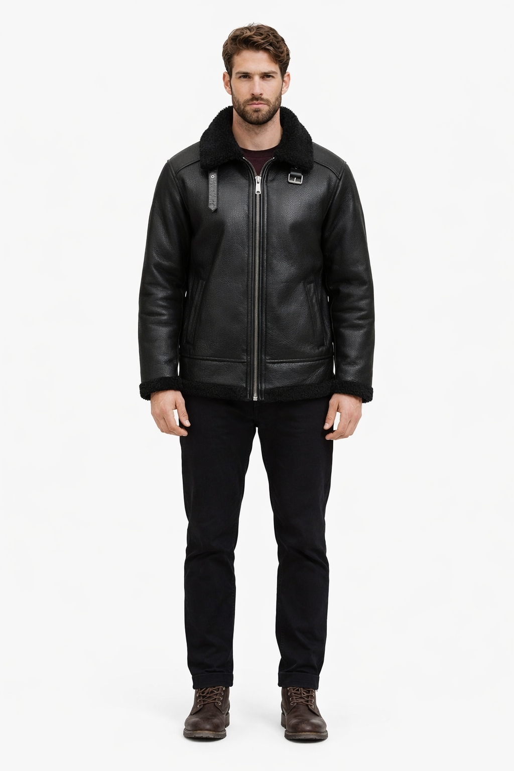 Lindbergh Černá Kožichová Bunda S Kolátorem A Páskem S I3C