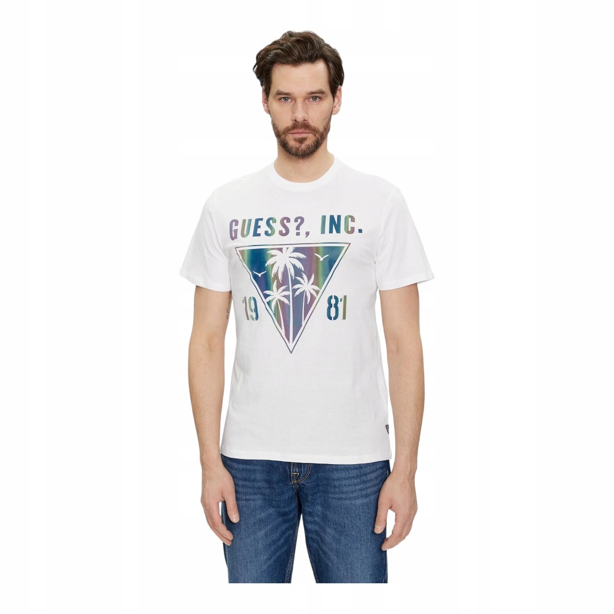 Guess Pánské Tričko Ss Bsc Iridescent Palms Tee Bílé vel. M