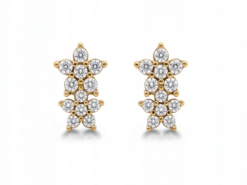 Zlaté Náušnice 585 dámské na tyči se zirkony stylové dvě kytičky