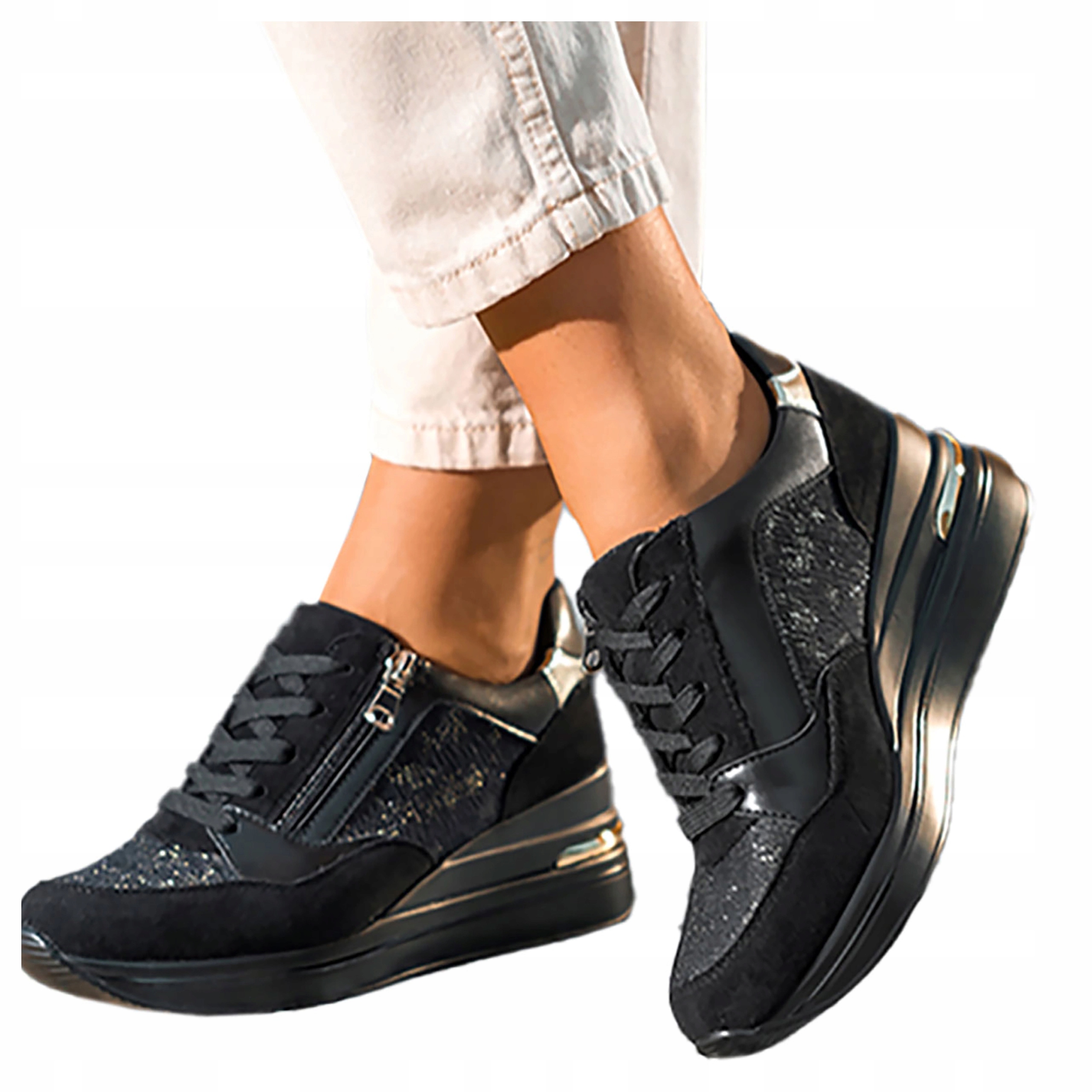 Półbuty Damskie Czarne Na Ozdobnym Koturnie Złote Dodatki Na Zamek r 41