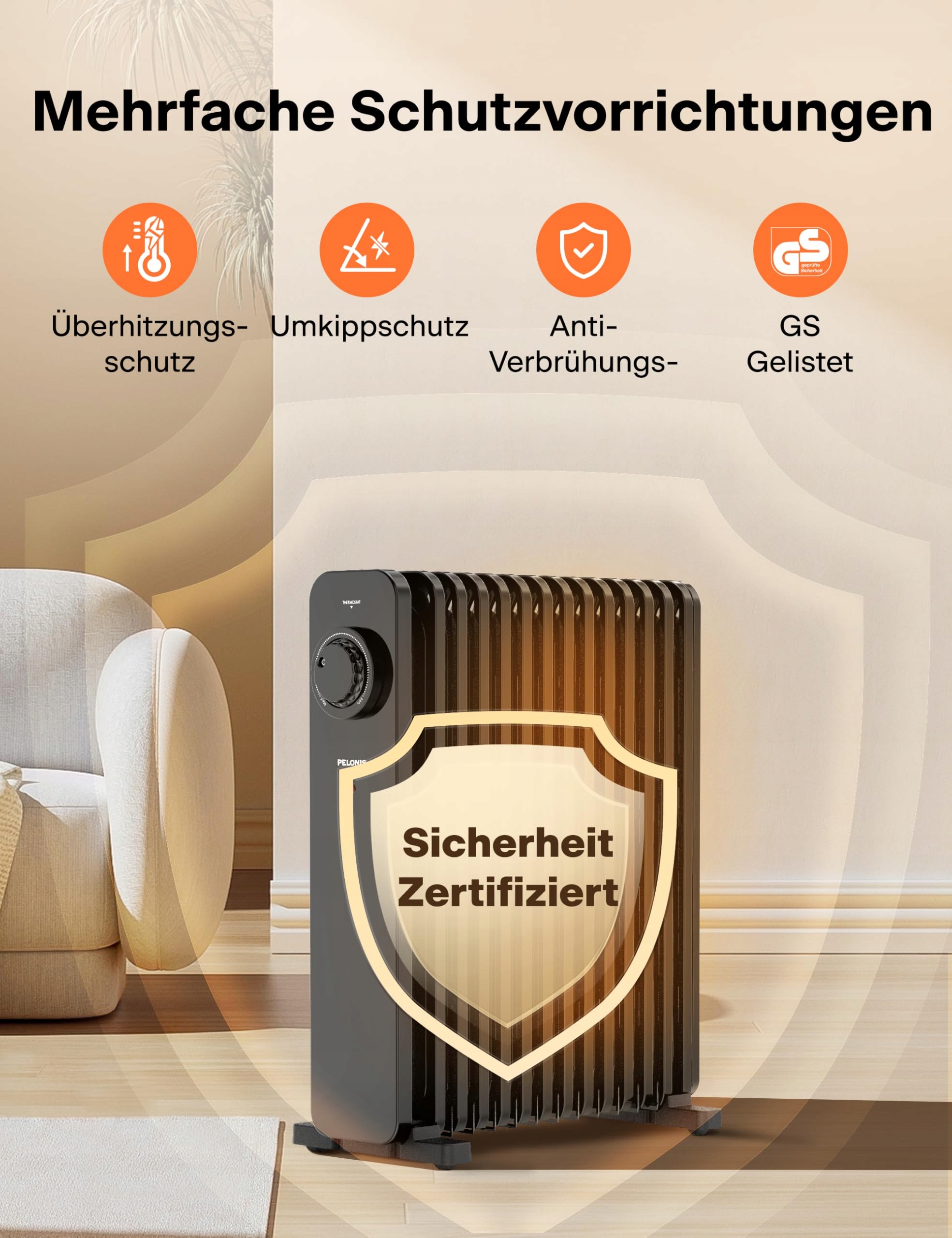 PELONIS Grzejnik Olejowy 2500W, Termostat, Ochrona Przed Przegrzaniem — miniatura 6