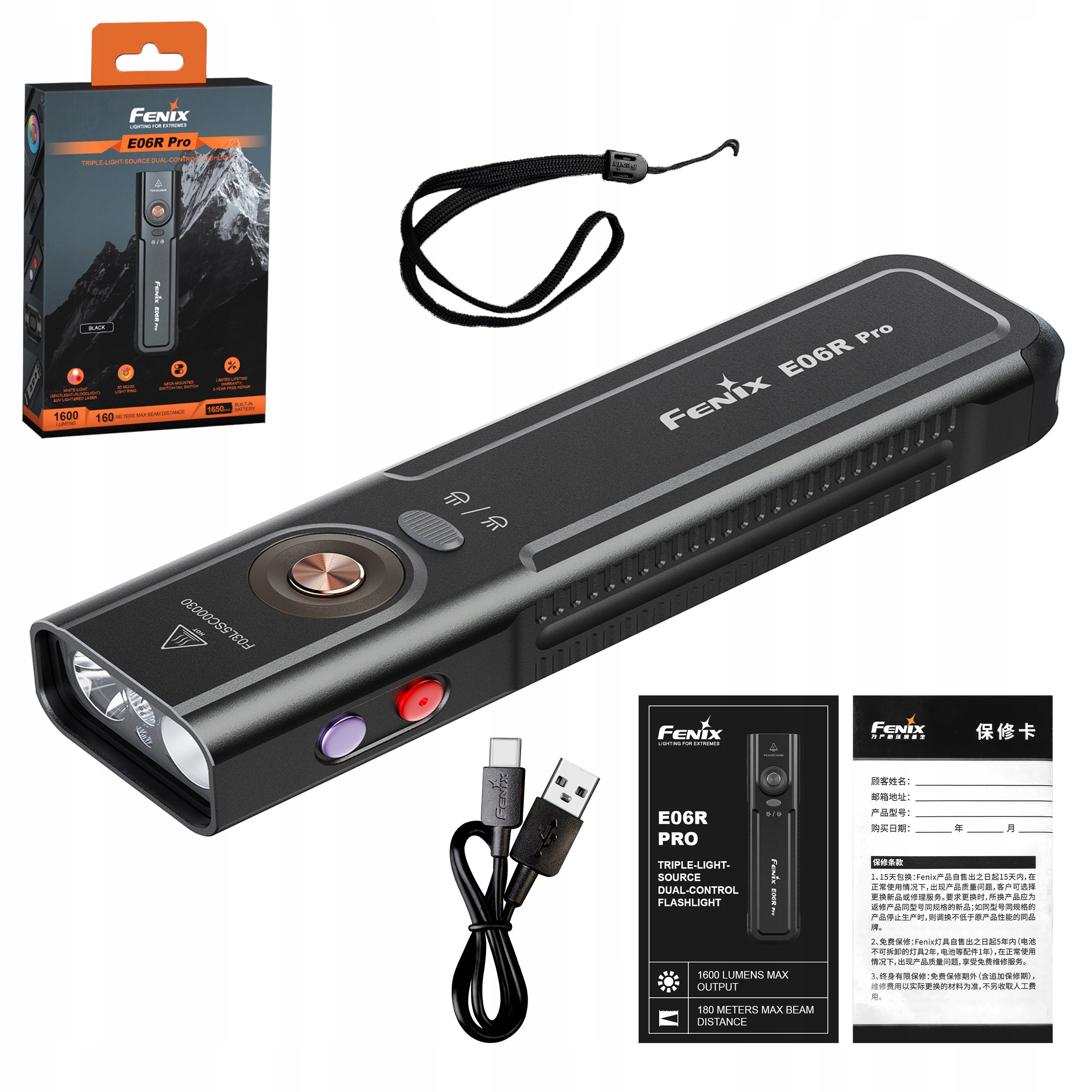 Latarka Led Fenix E06R Pro czarna 1600 lumenów 160 metrów Uv Laser Usb-c