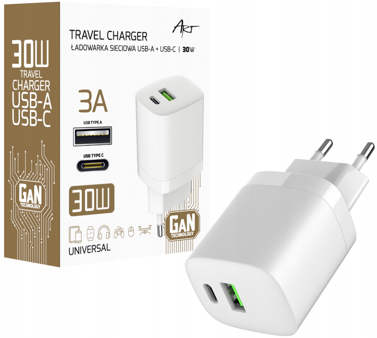 Ładowarka sieciowa zasilacz GAN USB QC4.0 +USB-C PD3.0 30W 3A 20V