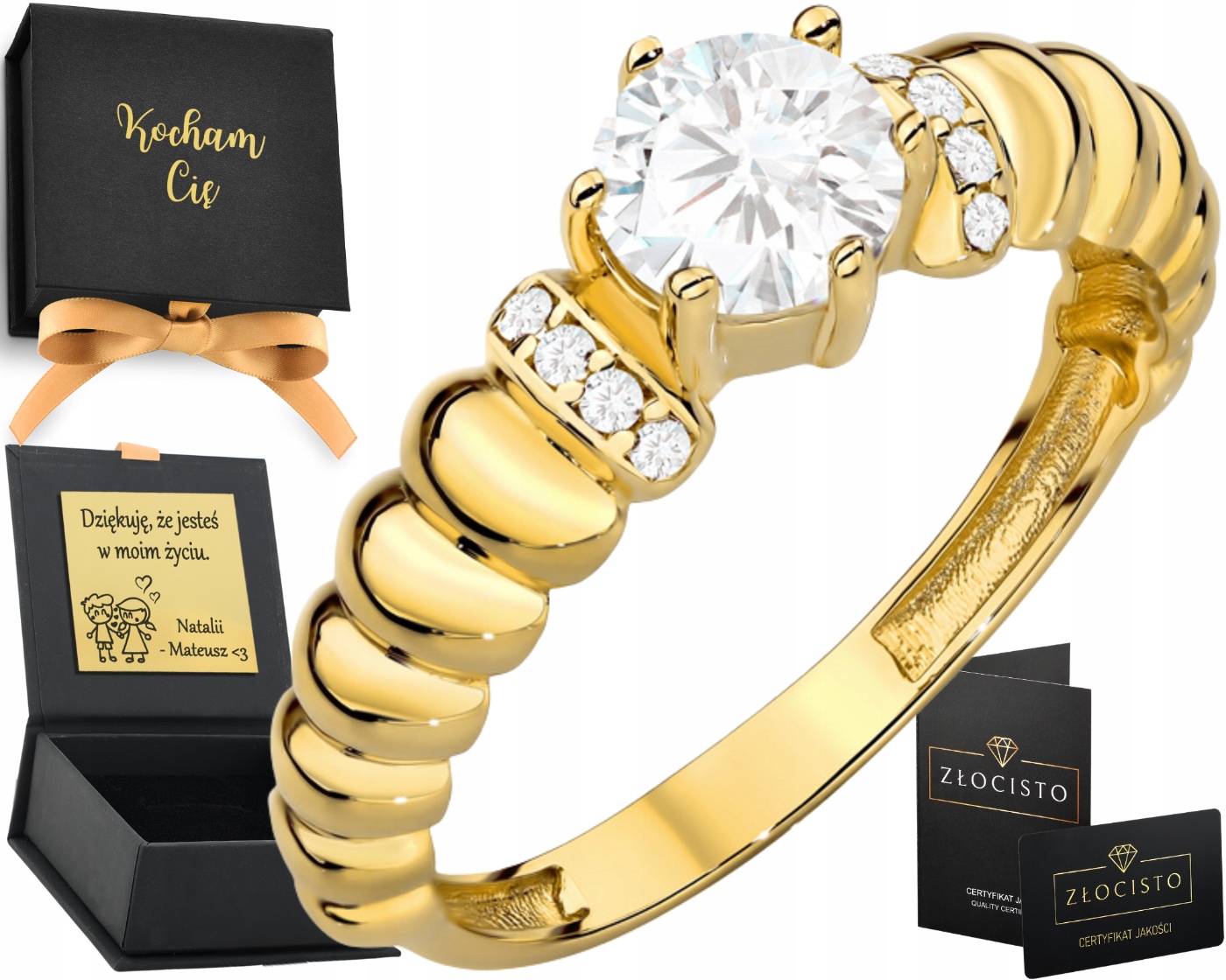 Prstýnek s centrální zirkonií s gravírováním, certifikát 585