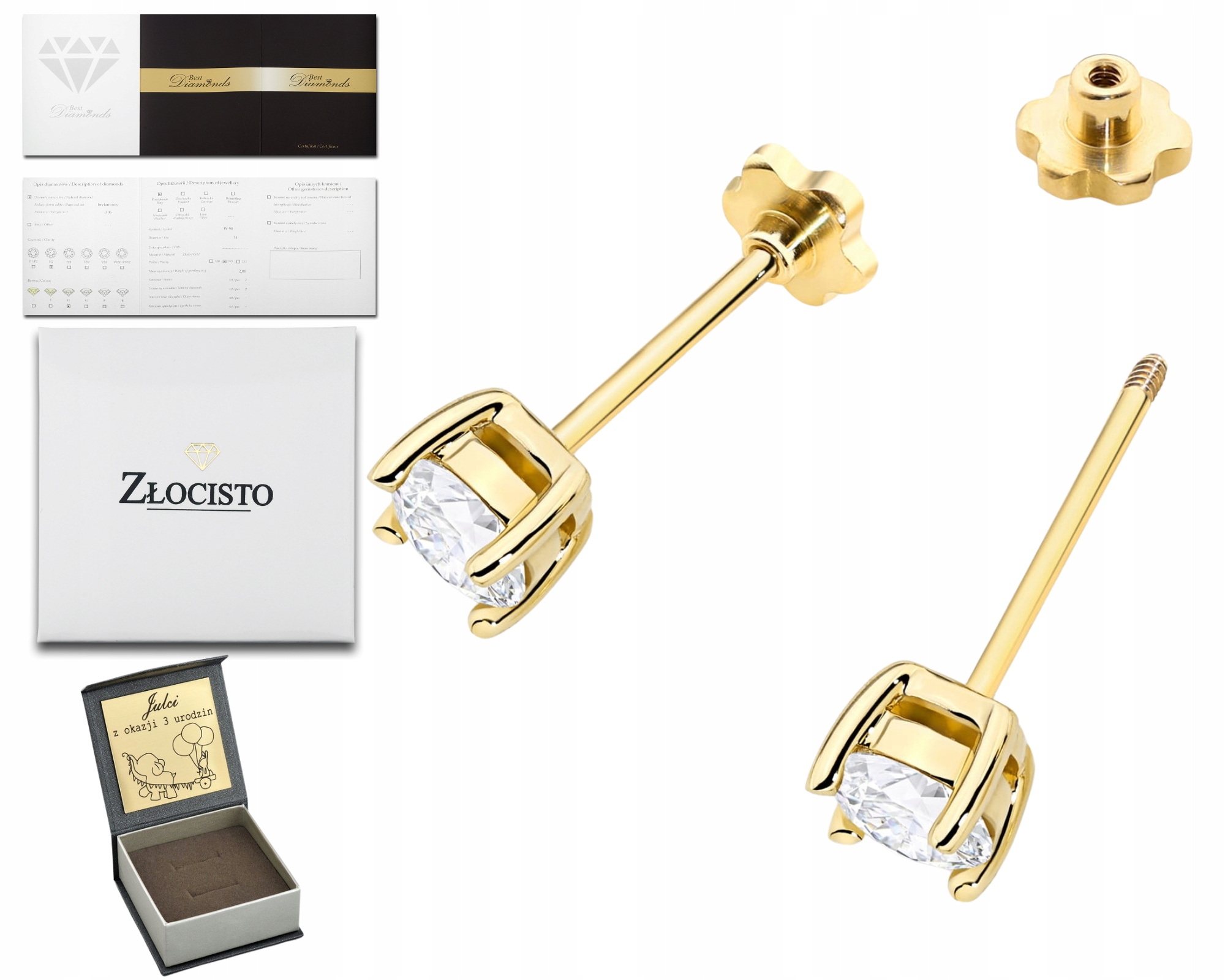 Zlaté Náušnice Laboratorní Brilianty 1,00CT Šroubovací Šrouby 585