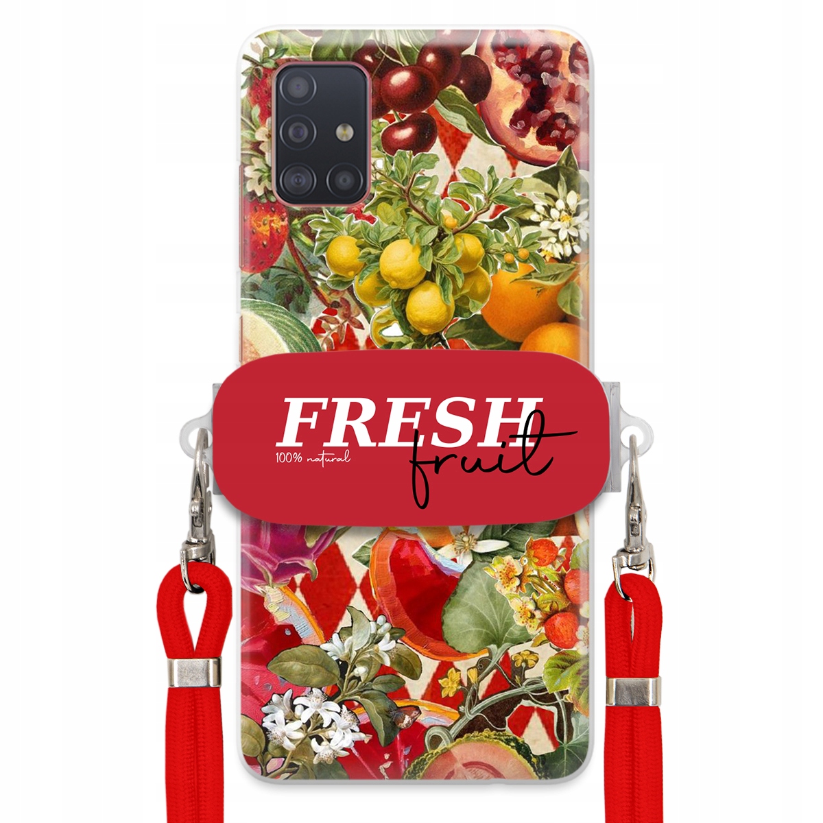 Pouzdro pro Samsung A51 Červené Crossbody vodítko Držák Fresh Fruit Ovocné