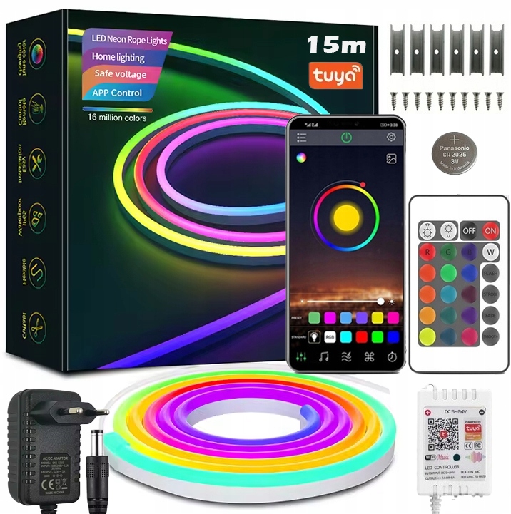TAŚMA LED NEON 15M RGB (1x15)APLIKACJA WIFI TUYA PILOT IP67 24V WODOODPORNA
