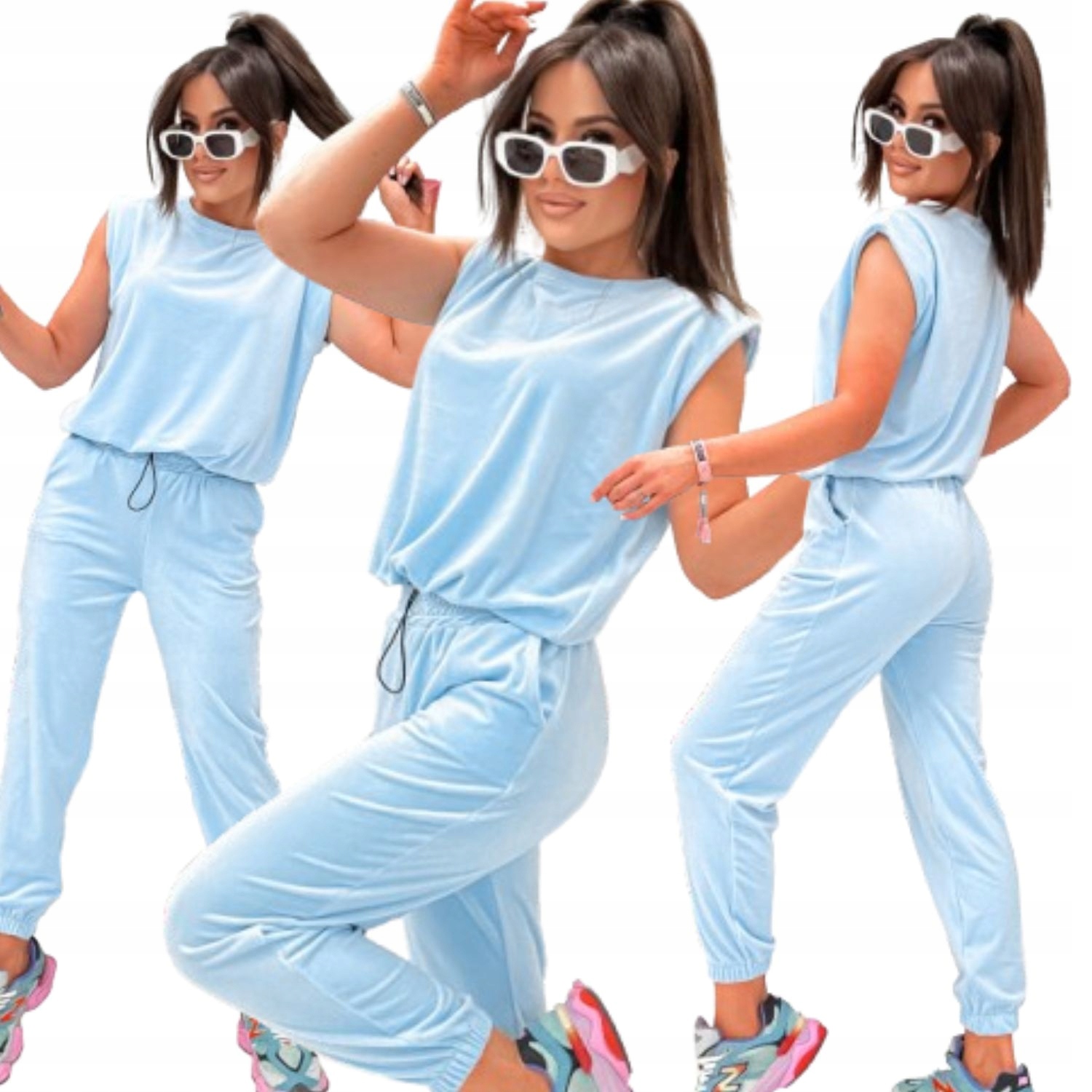 Dres Welurowy Damski Niebieski Komplet Bluza Spodnie Polska Produkcja L/XL