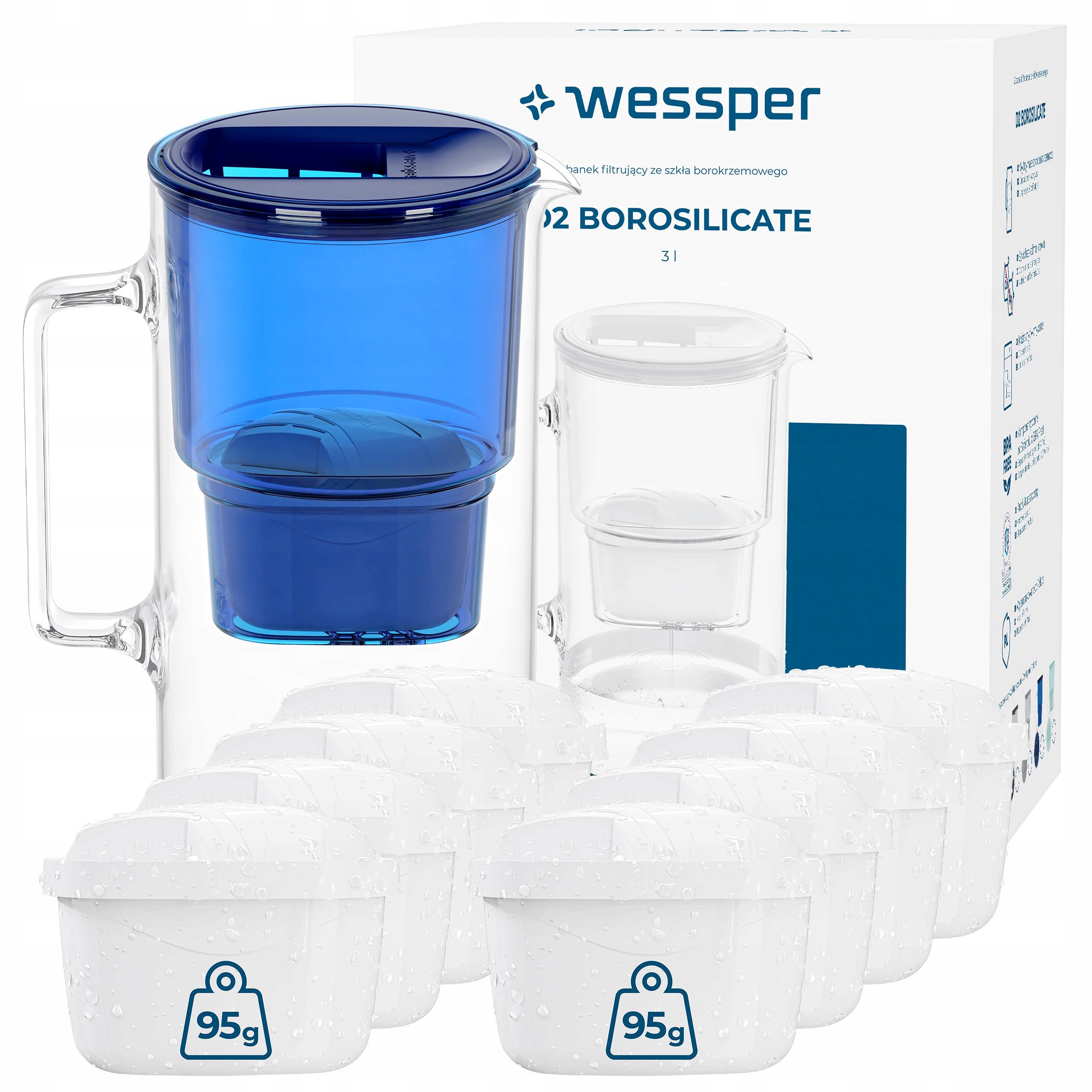 Skleněná Filtrační konvice Wessper AquaMax 3l 9 vodních filtrů Wessper