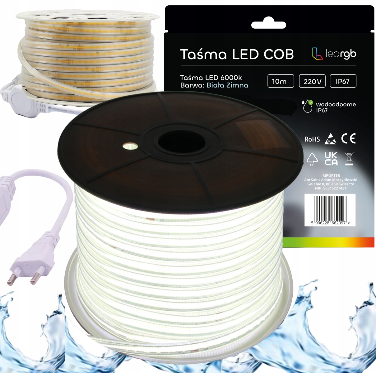 Set Led pásek Neon Cob 220V 230V 10 m 6000K Bílý Studený Napájecí Zdroj IP67